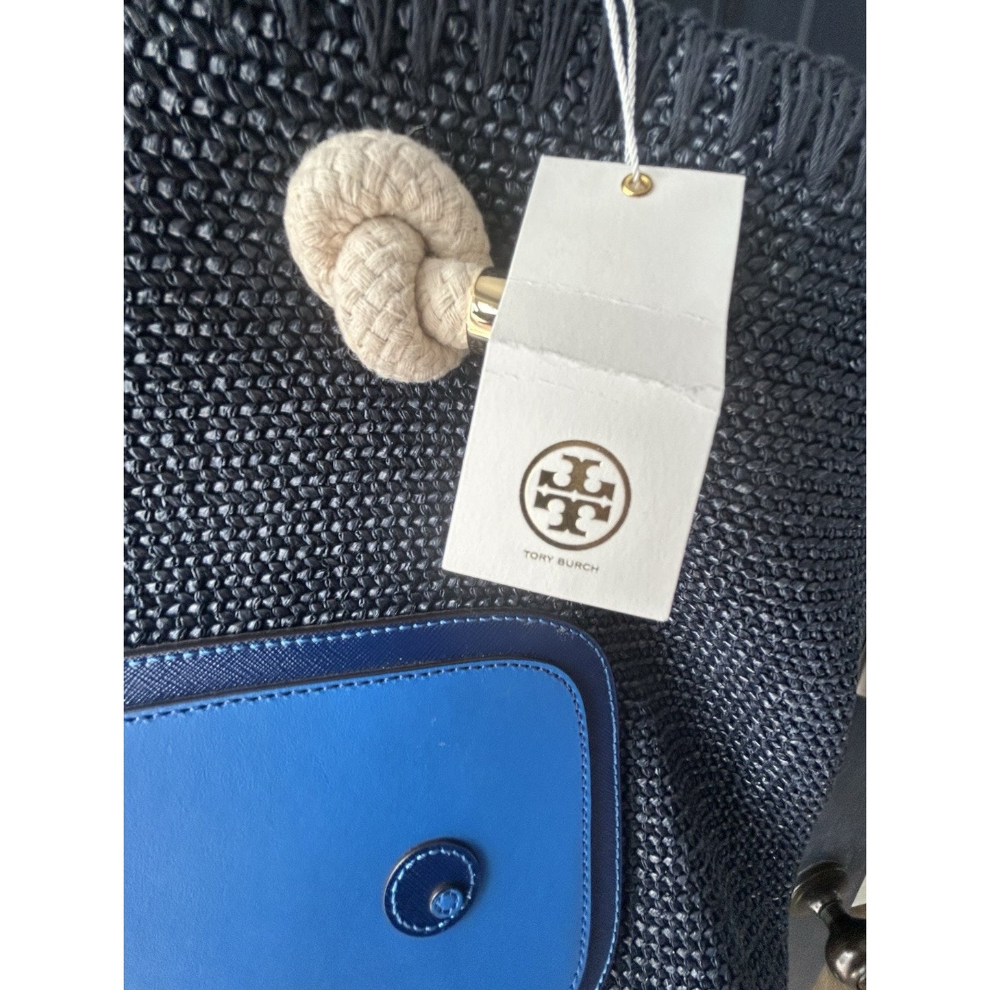 NWT Tory Burch Knotted Whale Tote Navy Blue Handbag Beach Pool Vacation Bag Rare