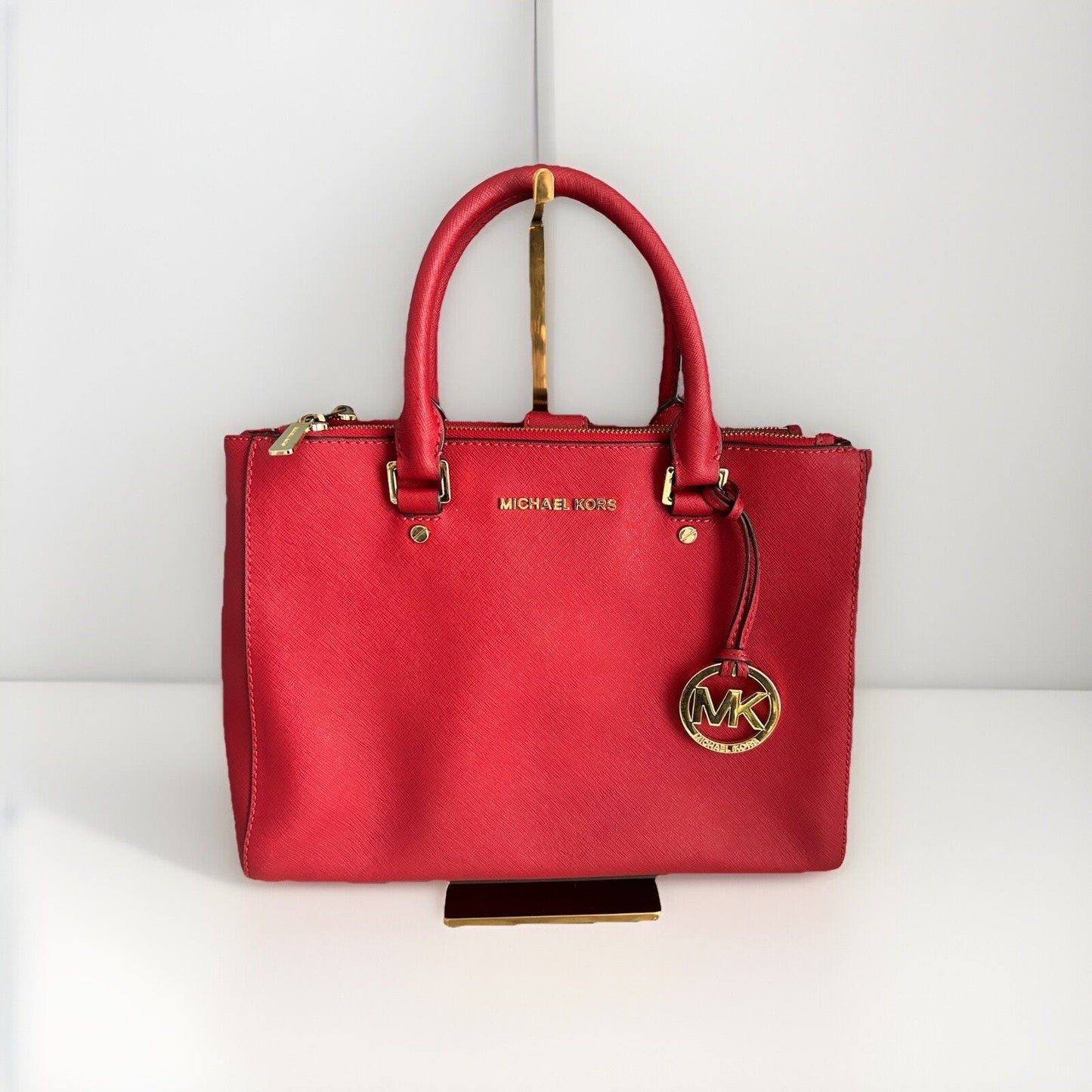 Michael Kors Sutton Red Satchel Saffiano Leather Structured Crossbody Bag MK 328