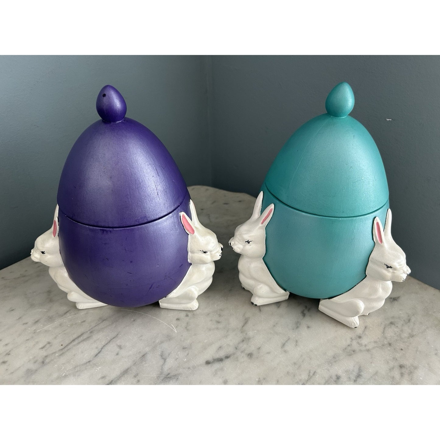 (2) 1960s Ceramic Easter Egg Candy Jar Hand Painted Bunnies Rabbits Purple Teal