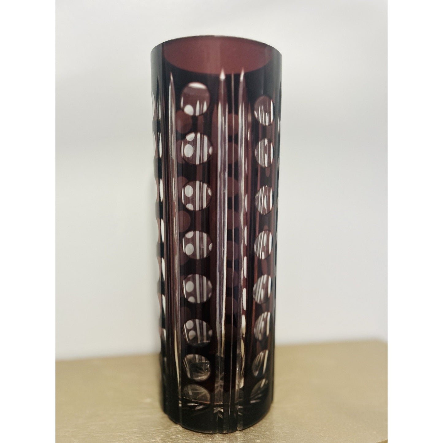 Vintage Purple Bohemian Tall Crystal Vase Amethyst 10” Tall Art Deco Geometric