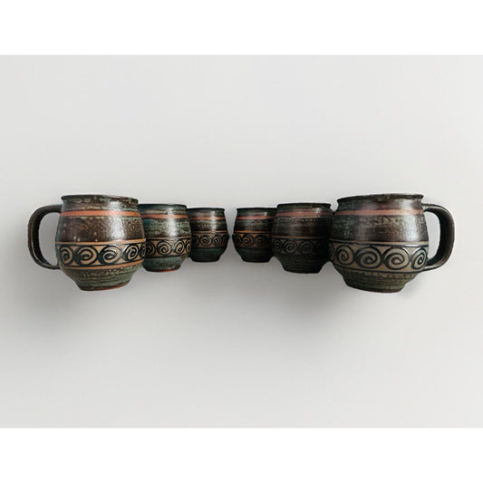 6 Vintage Japan Potbelly Coffee Mugs Mottled Glaze Stoneware Textured 12 oz