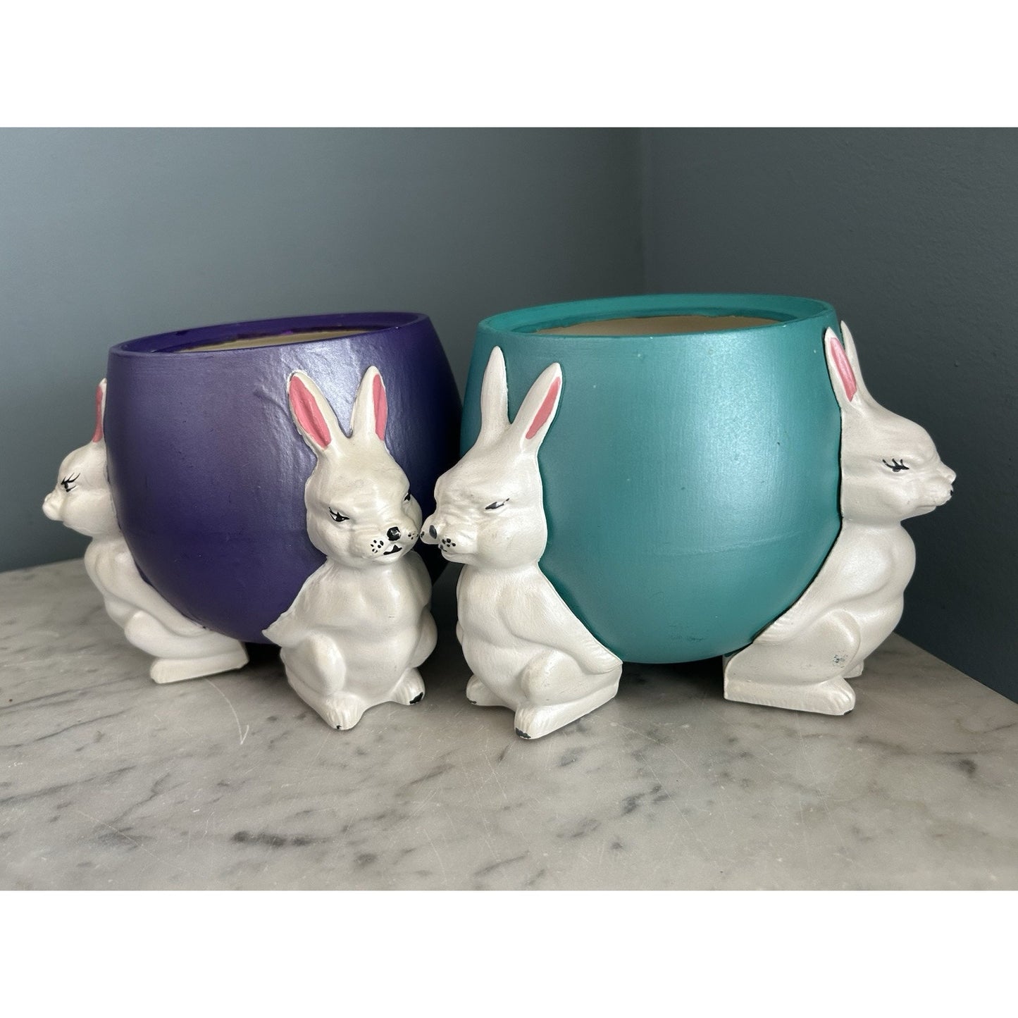 (2) 1960s Ceramic Easter Egg Candy Jar Hand Painted Bunnies Rabbits Purple Teal