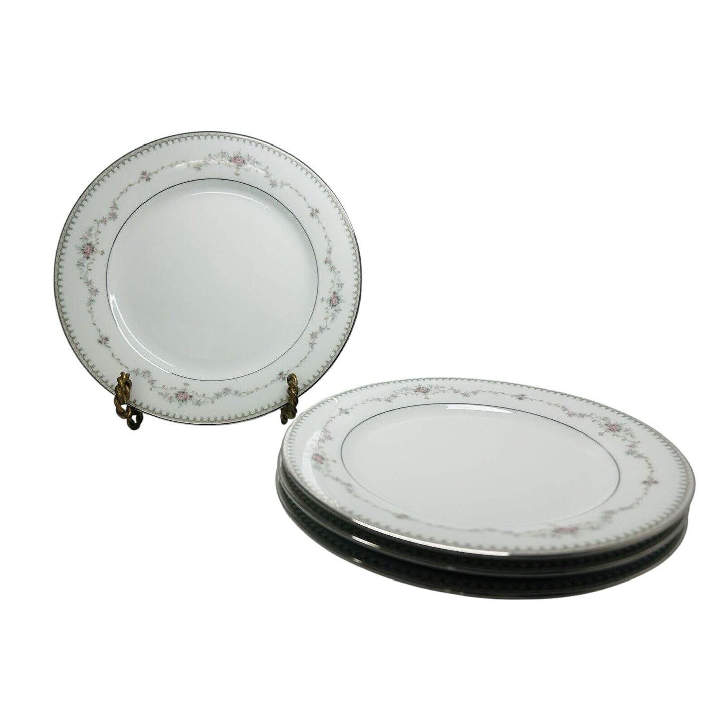 4 Noritake China Fairmont 6102 8 1/4" Salad Plate Platinum Trim New Pink Flowers