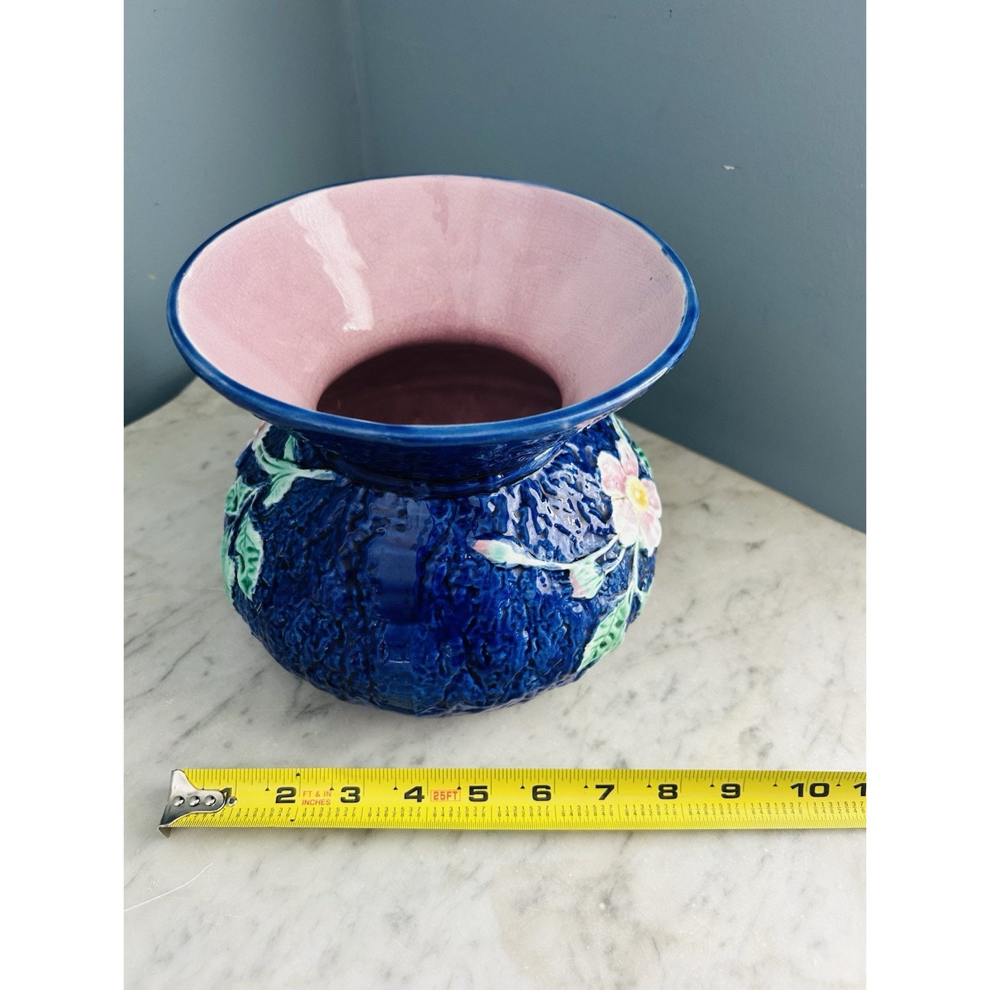 Antique Wild Rose Majolica Cupsidor 19th Century Squat Vase Home Decor Blue Pink