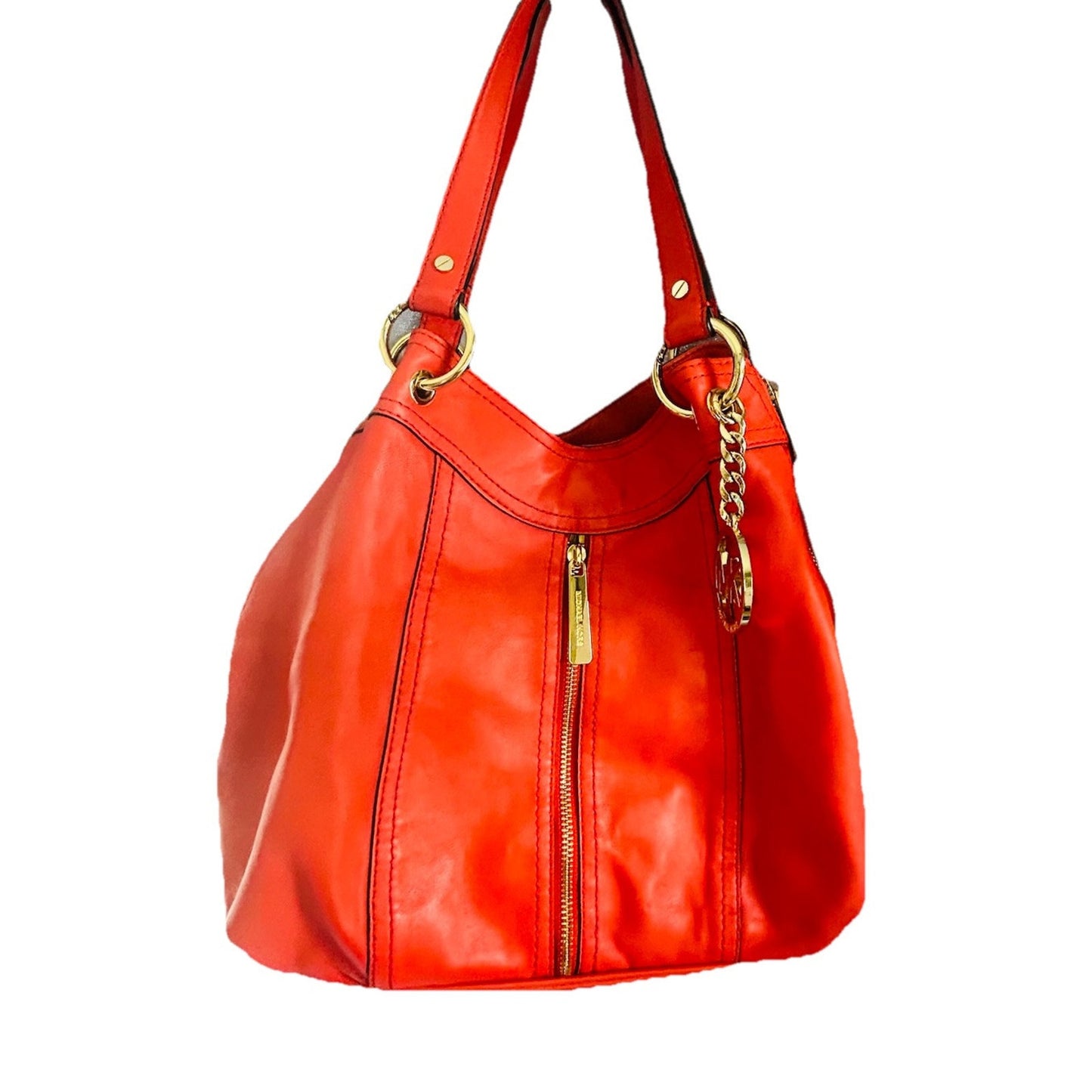 Michael Kors Moxley MD Orange Soft Leather Shoulder Bag Expandable Hobo Gold