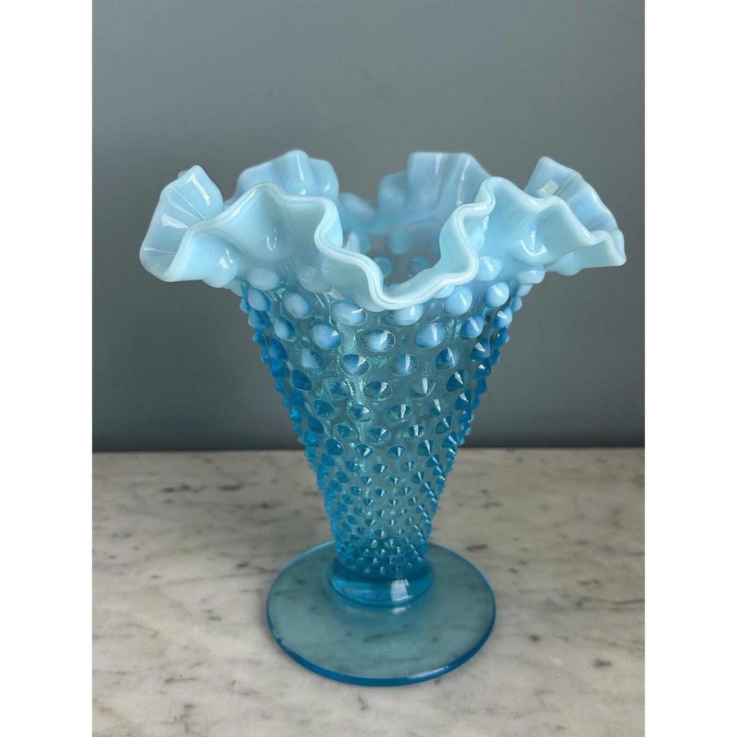 Vintage Fenton Aqua Blue Opalescent Glass Hobnail 8” Ruffled Cone Shaped Vase