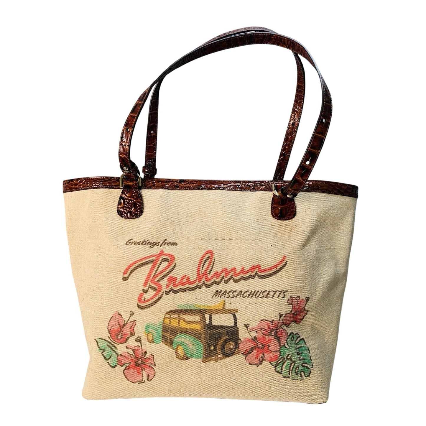 Brahmin Brooke Pecan Pipa Greeting Massachusetts Large Tote Woody New with Tags