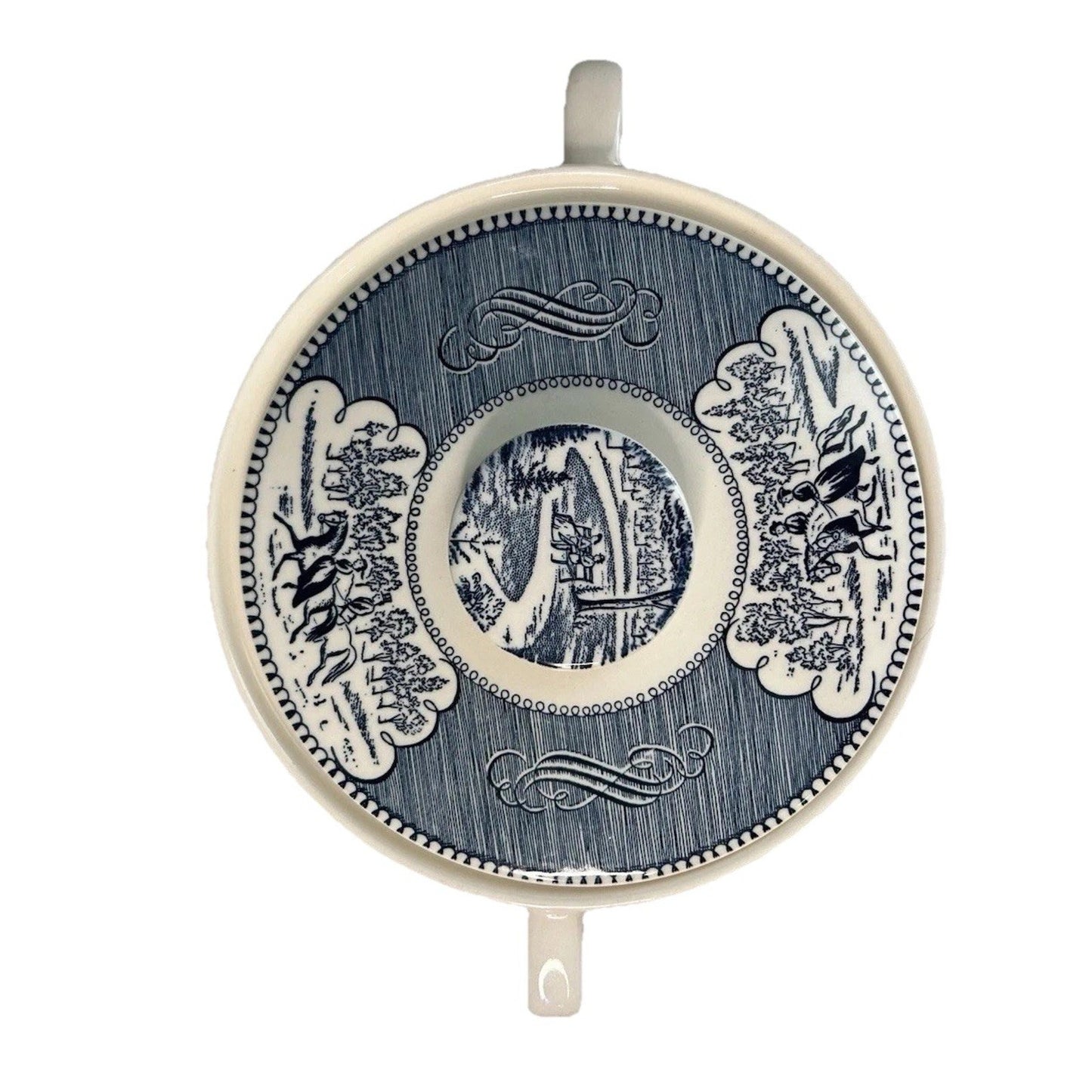 Royal Currier & Ives Blue White Ironstone Covered Casserole Dish Handles Vintage