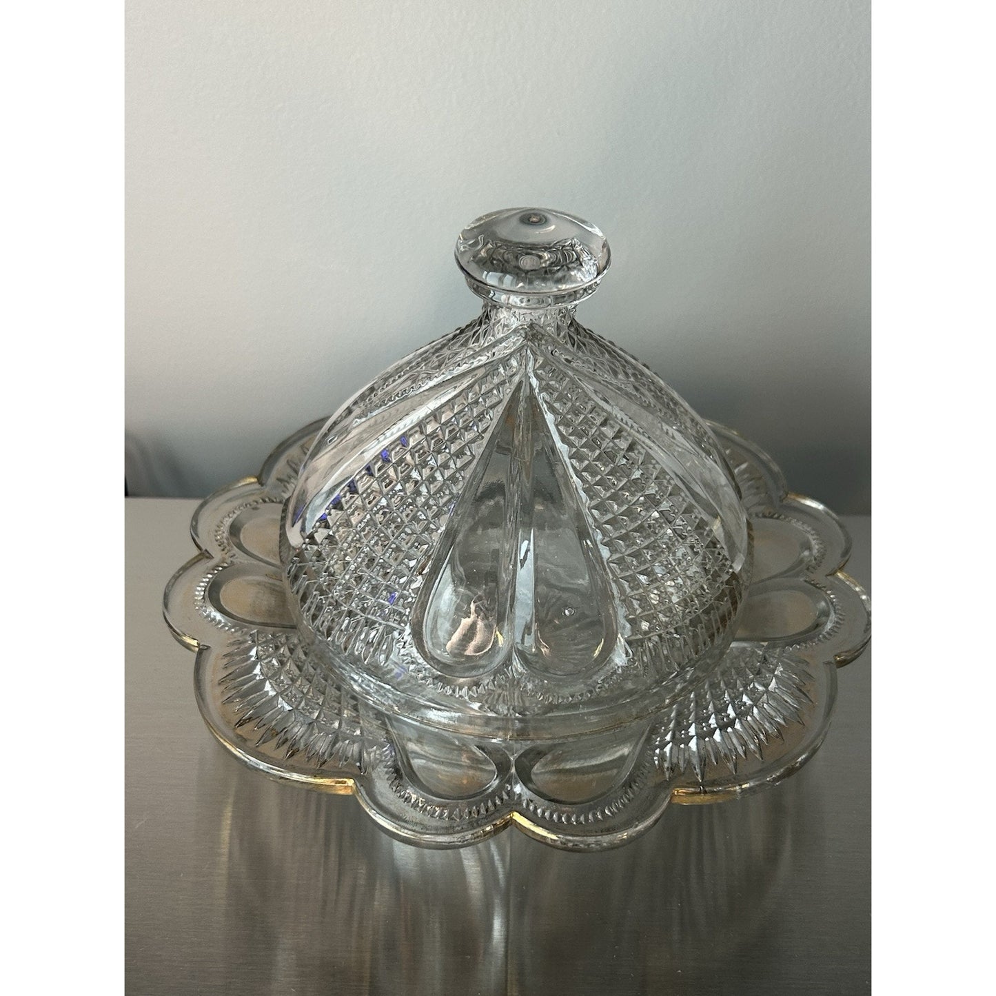 Vintage Gold Trim Glass Butter Dish Cheese Dome Cover 2pcs Covered Lid