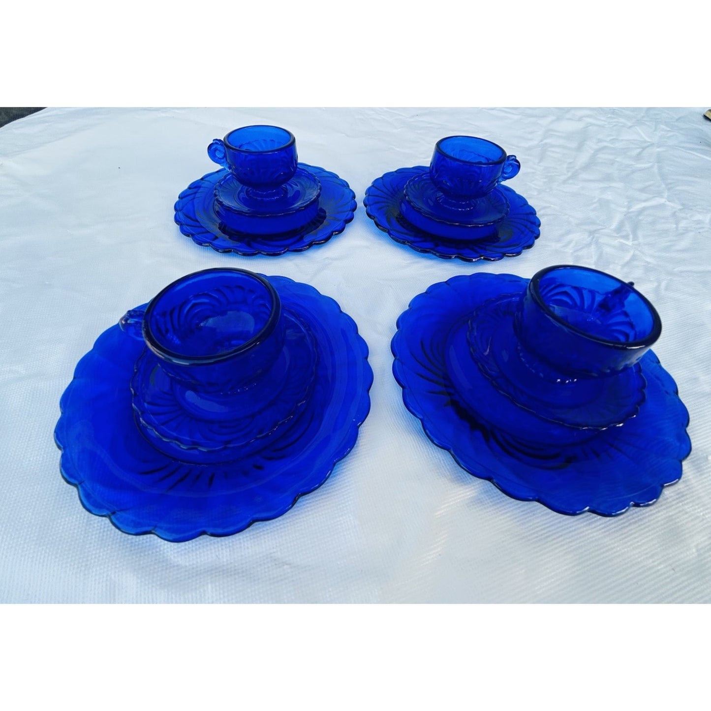 Vintage Doll Size Place Setting Cobalt Blue Glass 4 Plates 4 Teacups 4 Saucers