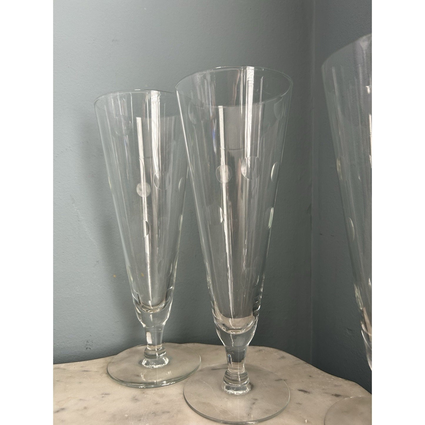 6 Hazel Arts Vintage Etched Polka Dot Champagne Glasses Pilsner Glass Coin