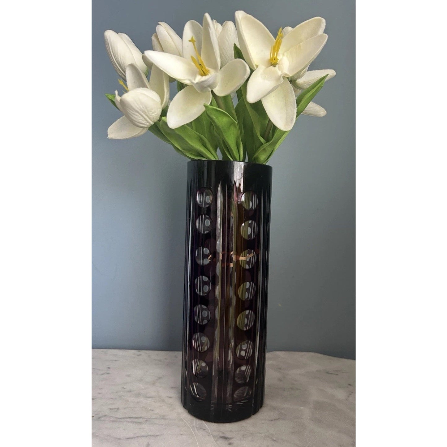 Vintage Purple Bohemian Tall Crystal Vase Amethyst 10” Tall Art Deco Geometric