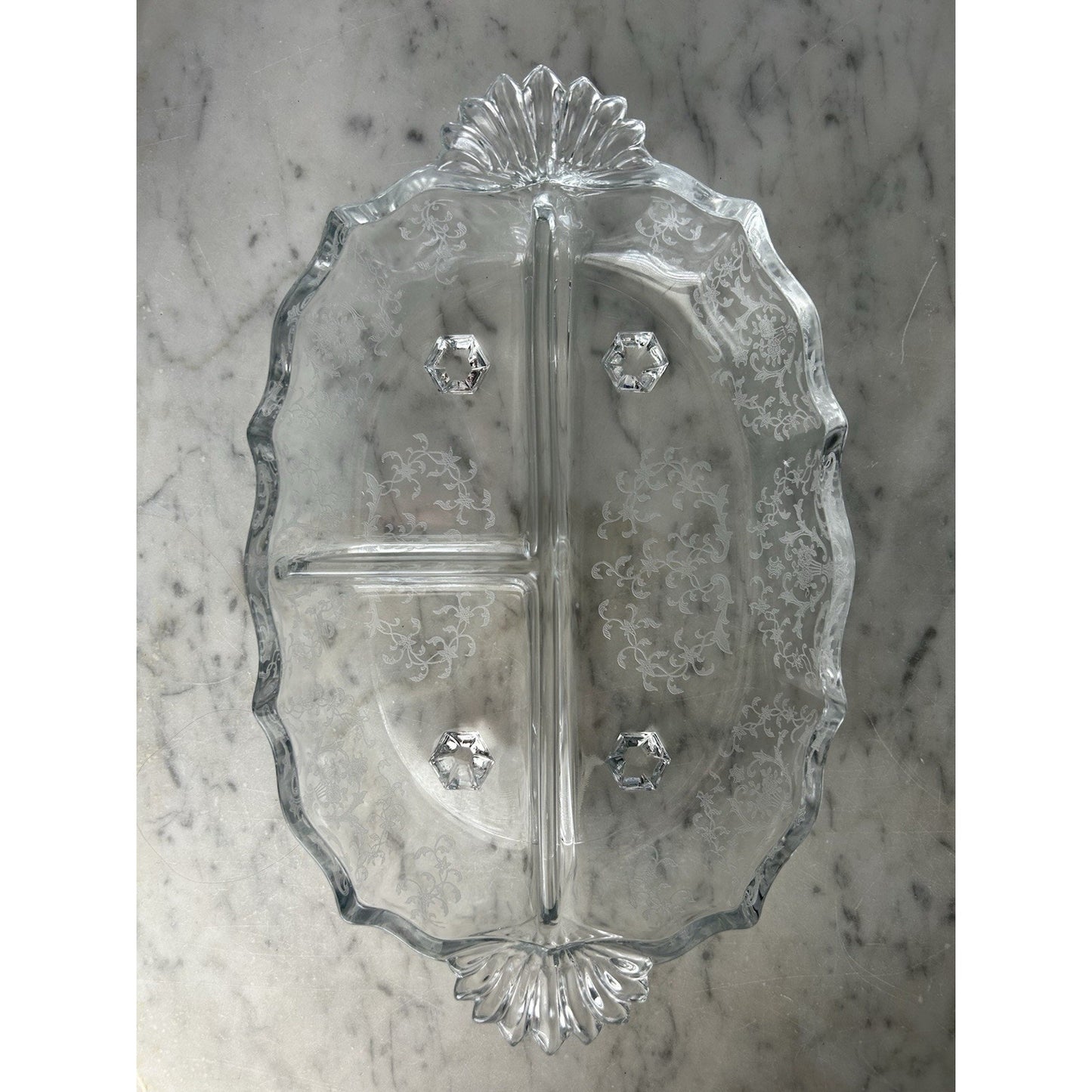 Fostoria Meadow Rose 3 Part Glass Footed Relish Dish Etched Crystal Vintage