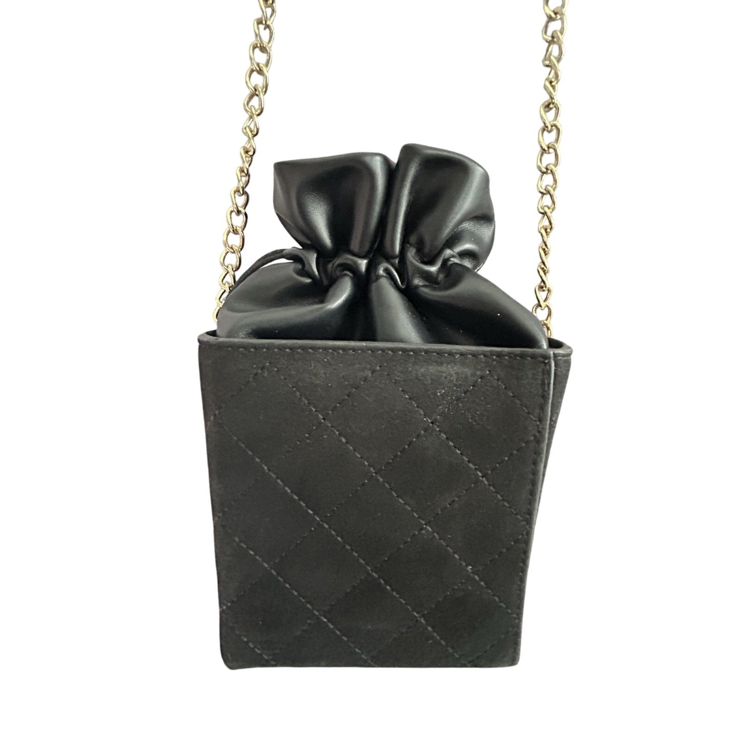 Quilted Mini Drawstring Shoulder Bag Black Pouch Gold Chain Crossbody