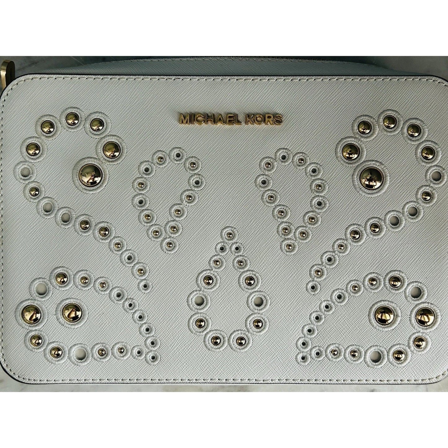 Michael Kors Ginny Leather Crossbody White Embellished Gold Studded Bag New