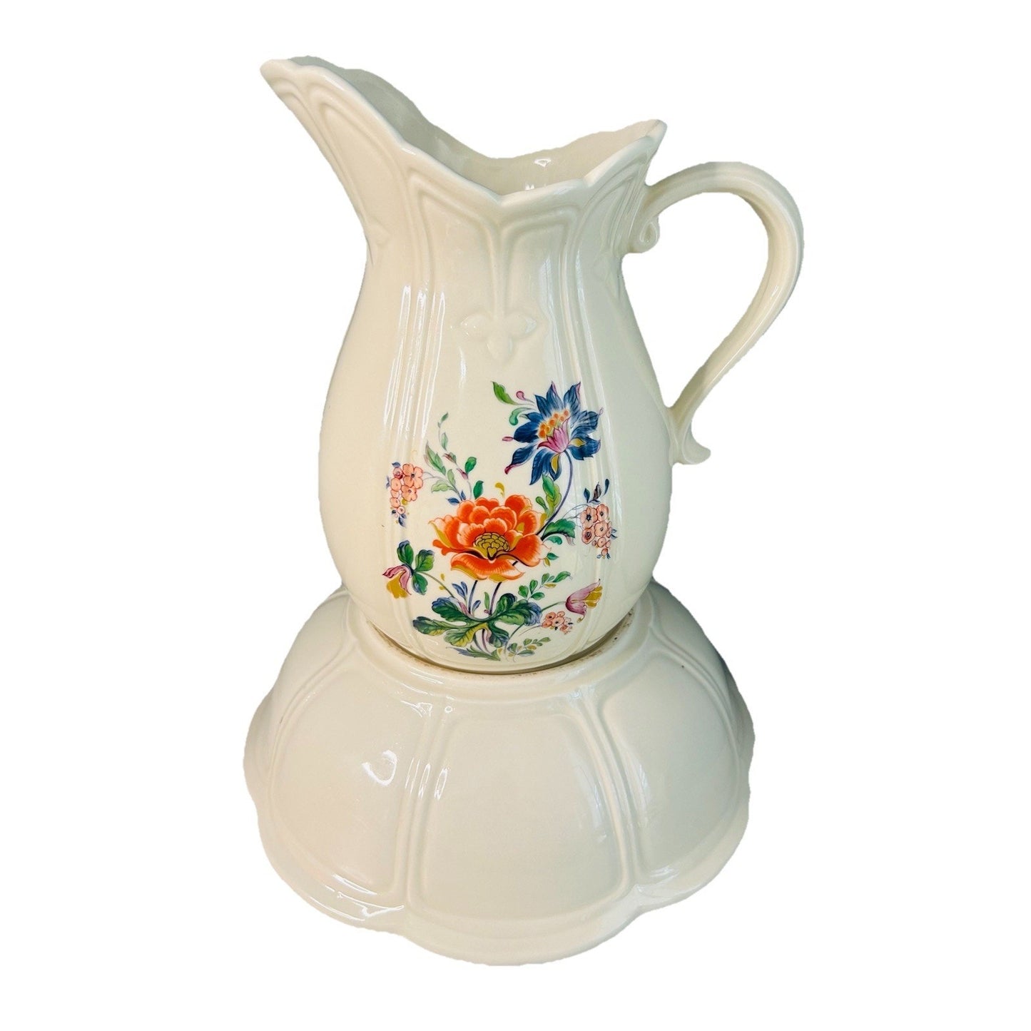 McCoy White Ironstone Pitcher Bowl # 7529 Ribbed & Flower Design Vintage USA