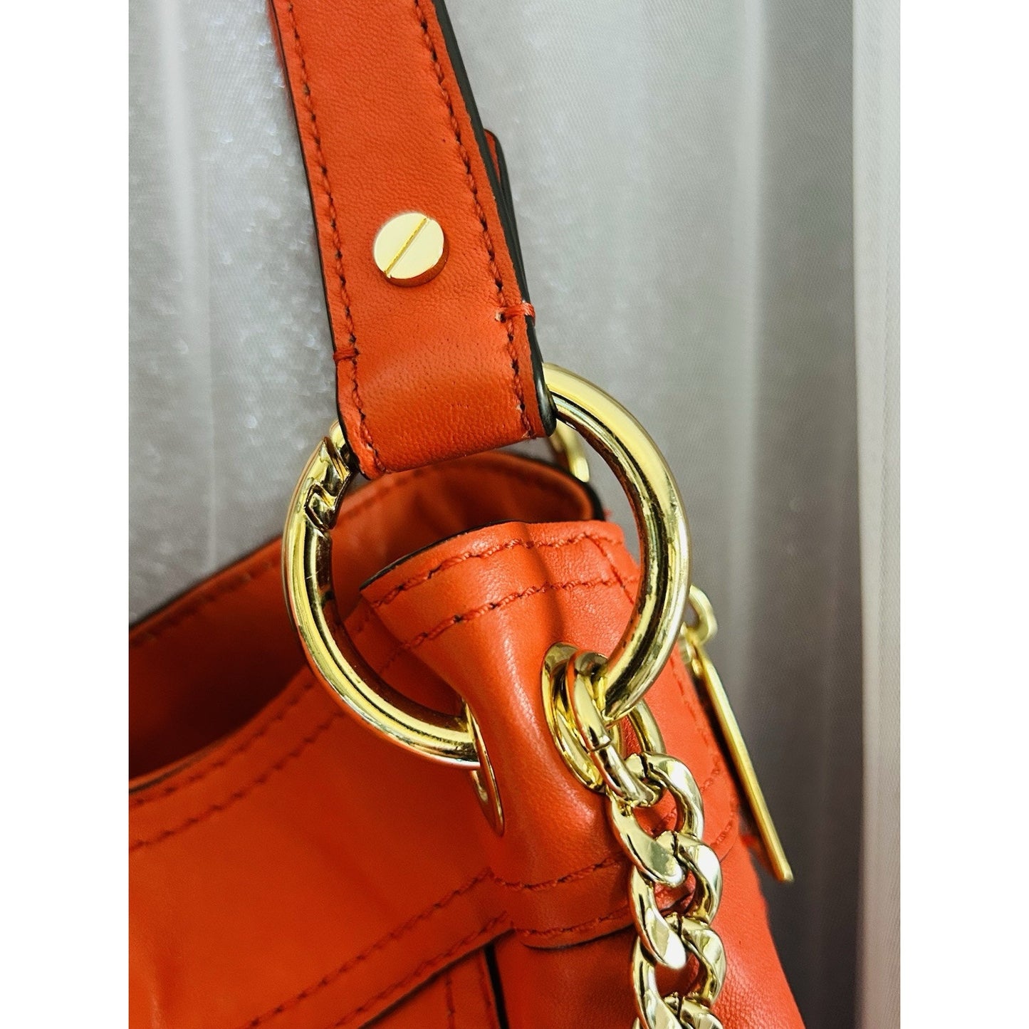 Michael Kors Moxley MD Orange Soft Leather Shoulder Bag Expandable Hobo Gold