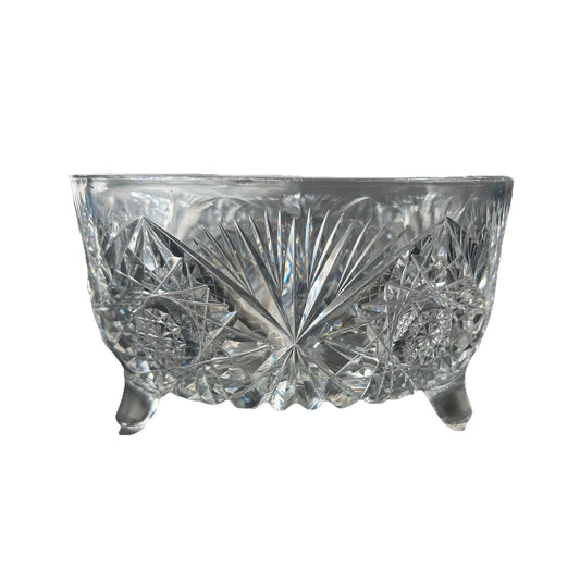 Vintage Crystal 3 Footed Cut Glass Bowl Pinwheel Star of David Home Decor Dish