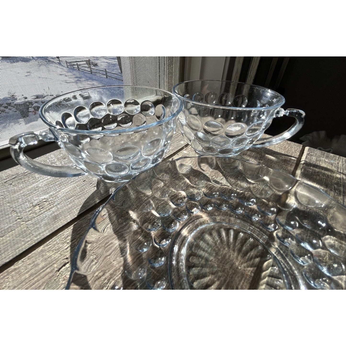 2 Anchor Hocking Fire King Blue Bubble Cup Saucer MCM 1940-1965 Coffee Tea