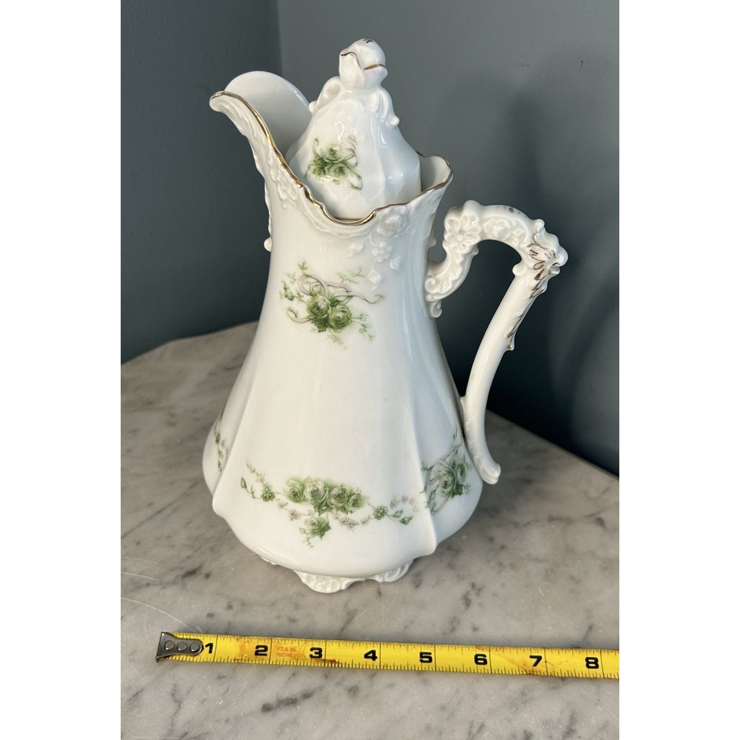 Antique Herman Ohme Eglantine Teapot Chocolate Floral Gold Gilt Dragon Handle