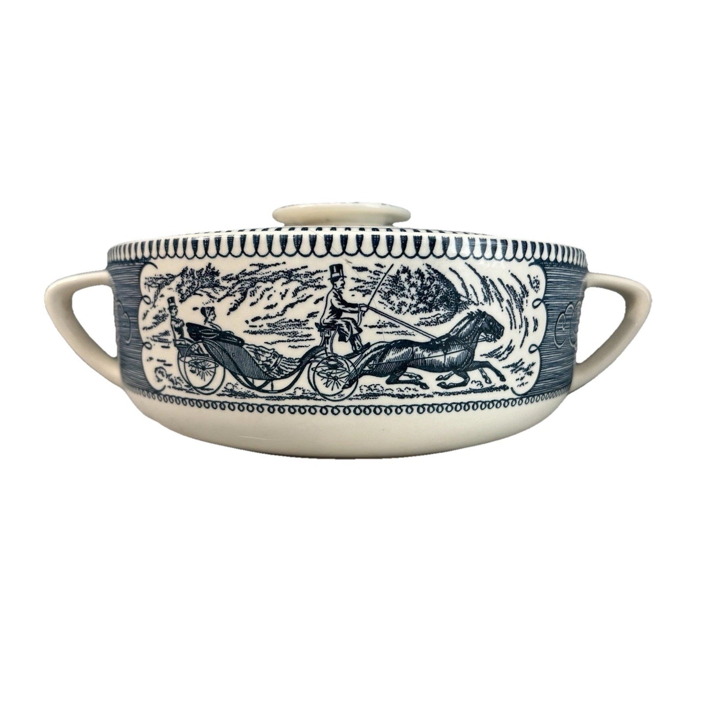 Royal Currier & Ives Blue White Ironstone Covered Casserole Dish Handles Vintage