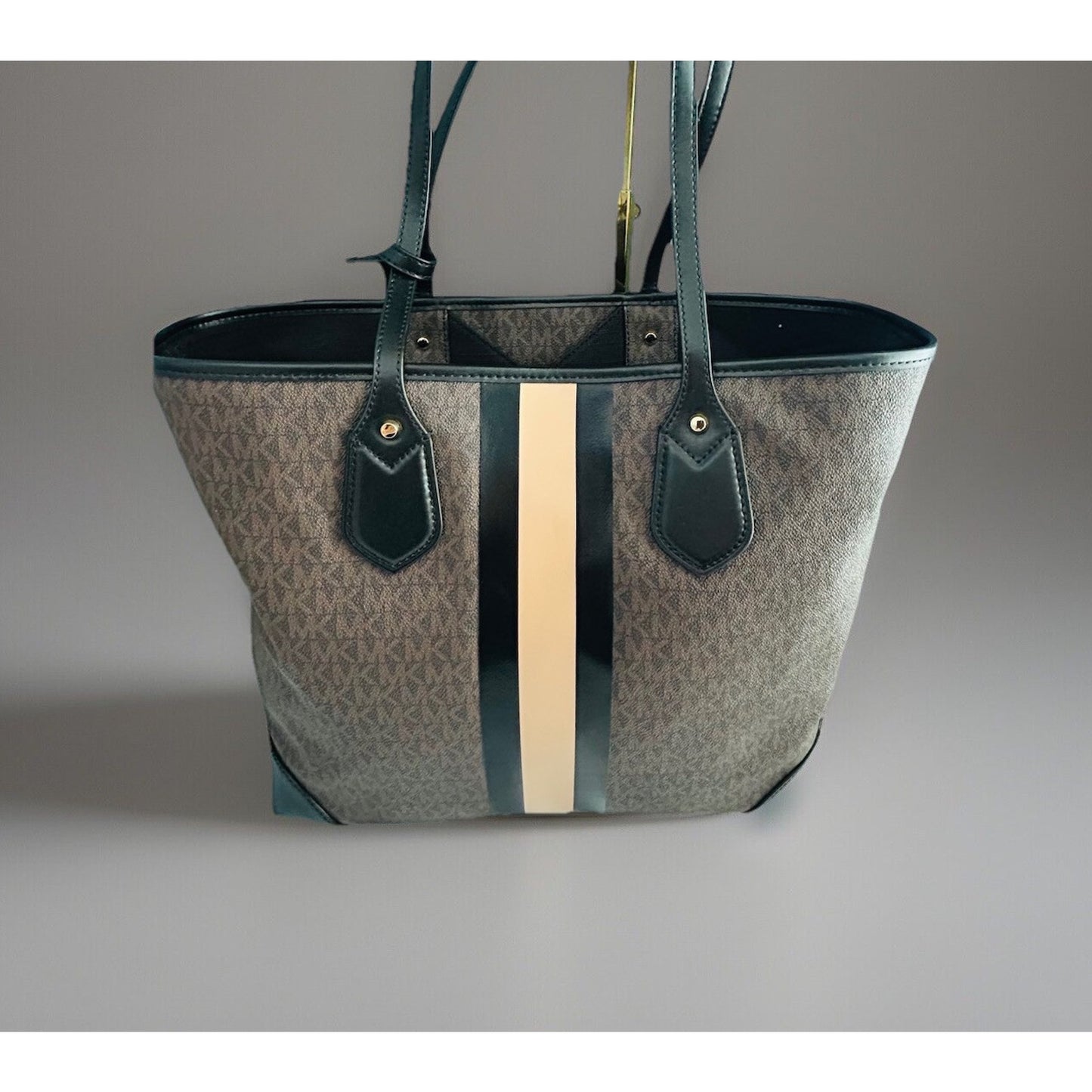 Michael Kors Eva Large Logo Stripe Tote Bag Plus Pouch Black Camel Laptop NWT