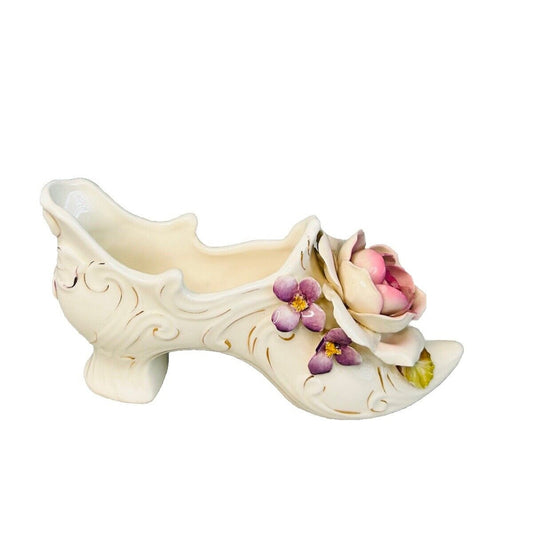 Vintage Vee Jackson 6” Long Ceramic Shoe Pink Rose Purple Flowers Gold Trim