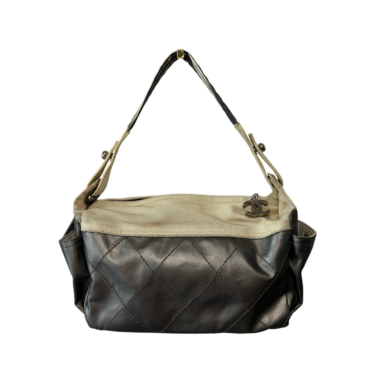 CHANEL Paris-Biarritz Tote Bag Hobo Bag CC Charm Metallic Silver Purse 12”