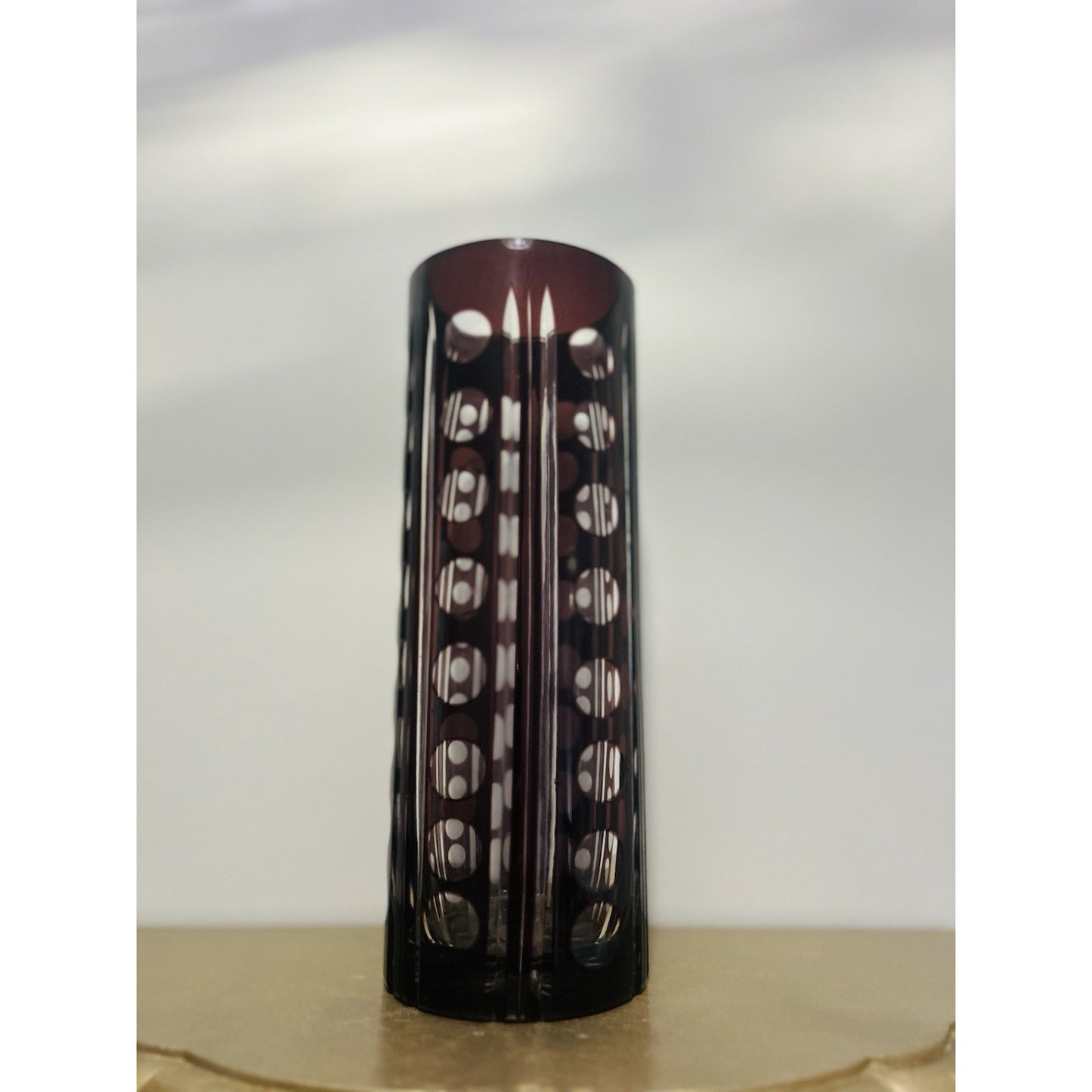 Vintage Purple Bohemian Tall Crystal Vase Amethyst 10” Tall Art Deco Geometric
