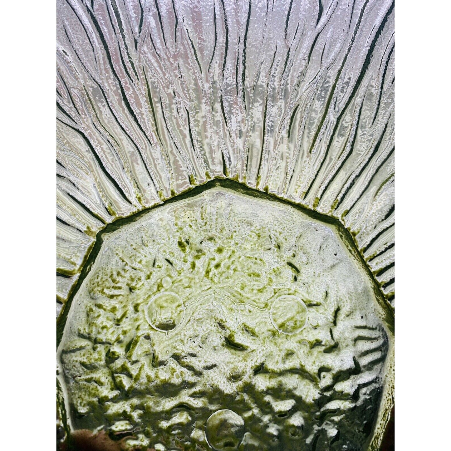 17” Green Flower Platter Hand Blown Art Glass Large Serving Tray Sunflower Heavy