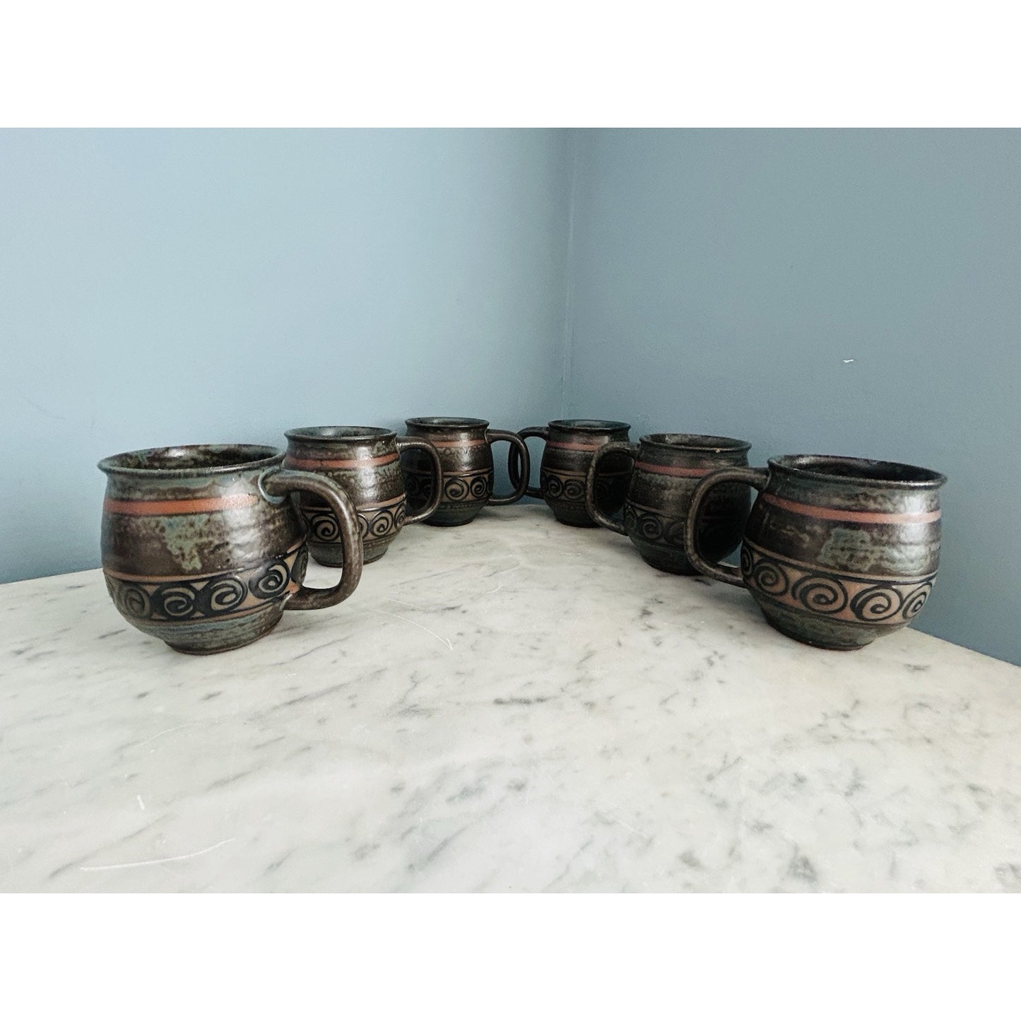 6 Vintage Japan Potbelly Coffee Mugs Mottled Glaze Stoneware Textured 12 oz