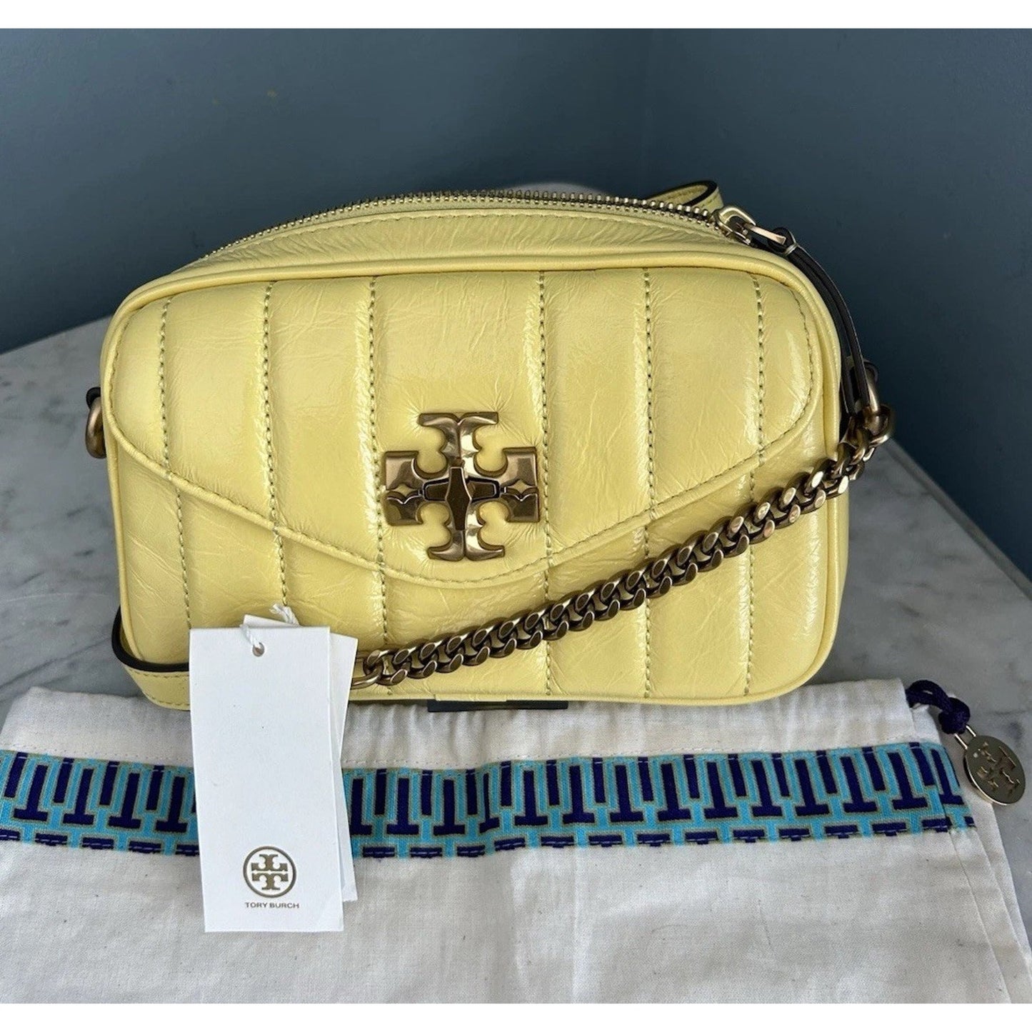 NWT Tory Burch Kira Patent Camera Bag Lemon Yellow 142808 Puffy Crossbody Mini