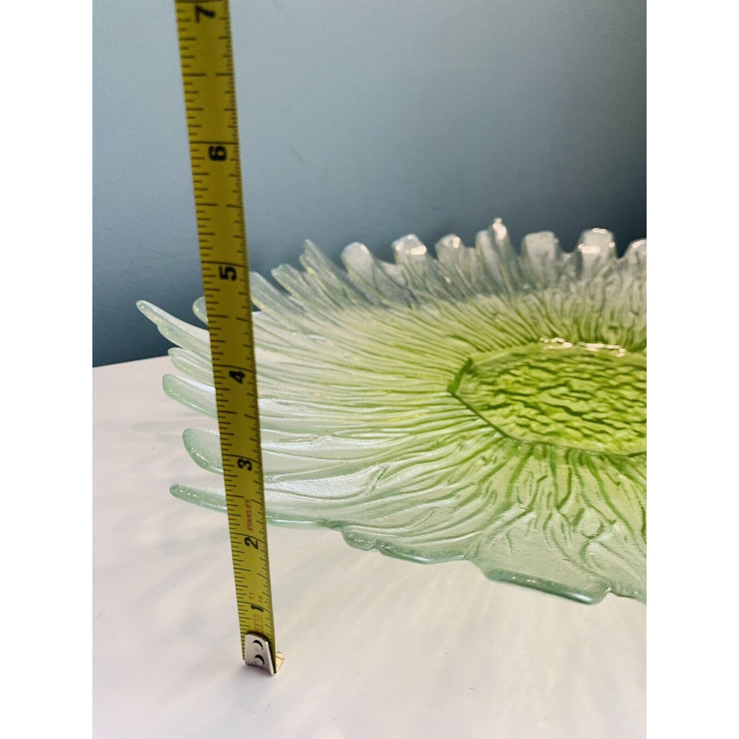 17” Green Flower Platter Hand Blown Art Glass Large Serving Tray Sunflower Heavy