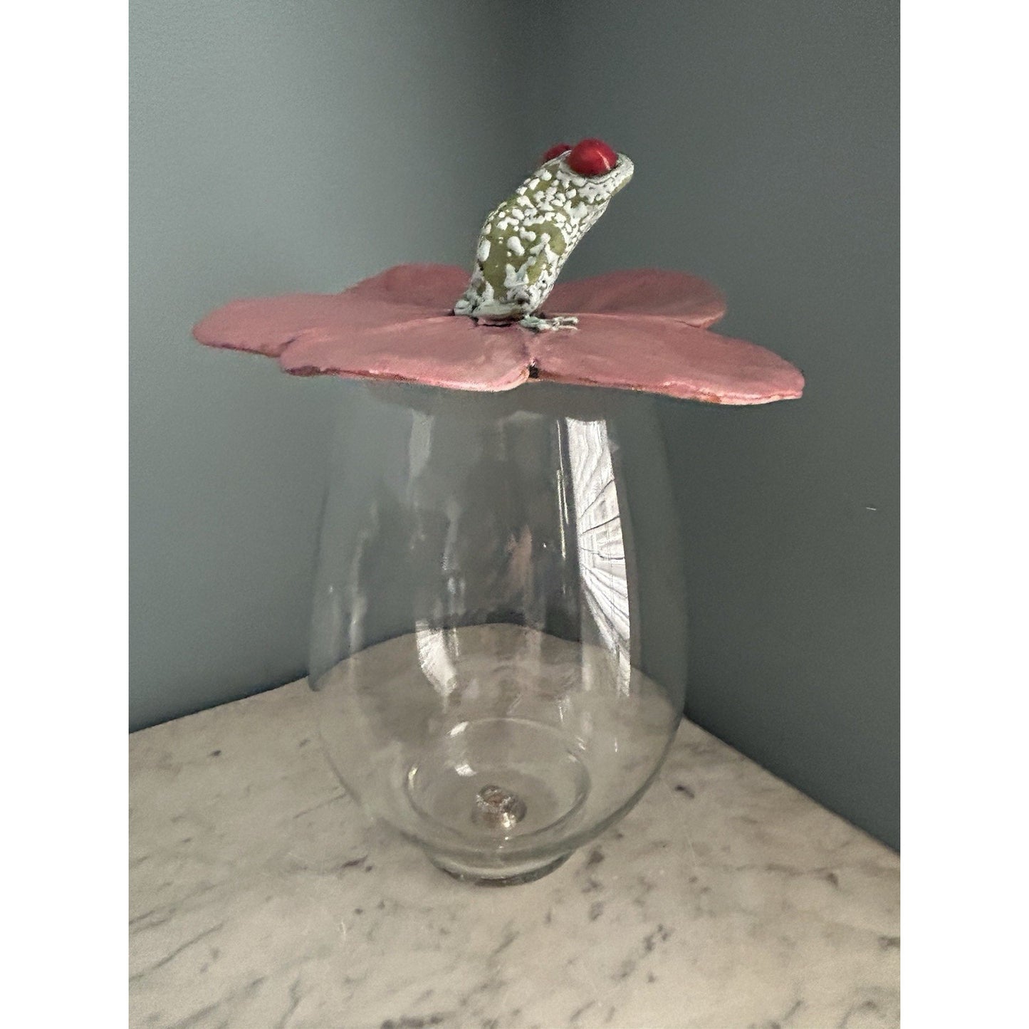 Frog Pink Flower Hanging Wall Decor Lid Hand Made Pottery Leaf Tree Frog Red Eye
