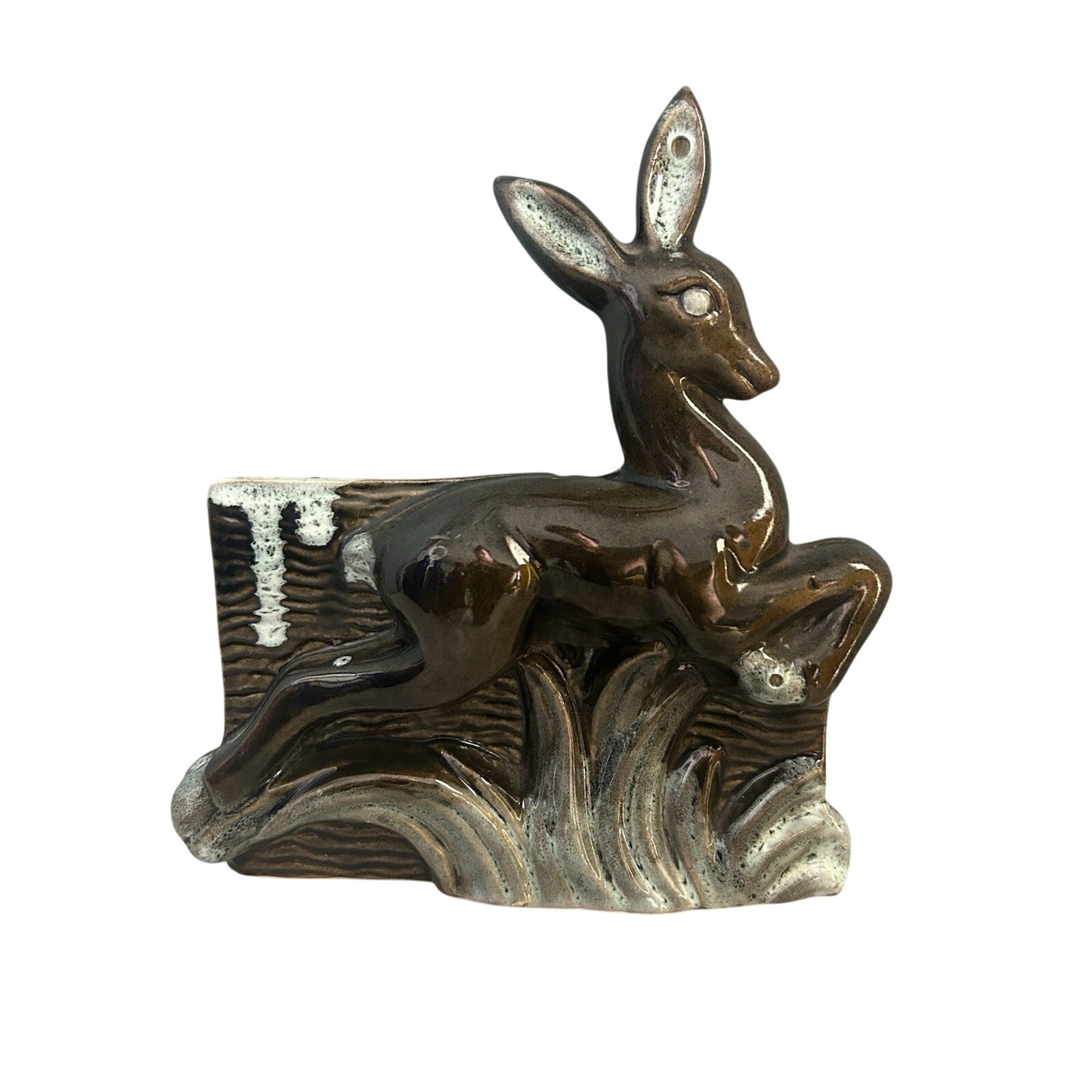 Vintage Art Deco Pottery Deer Planter 1950's OPCO USA Green Blue Brown Bambi