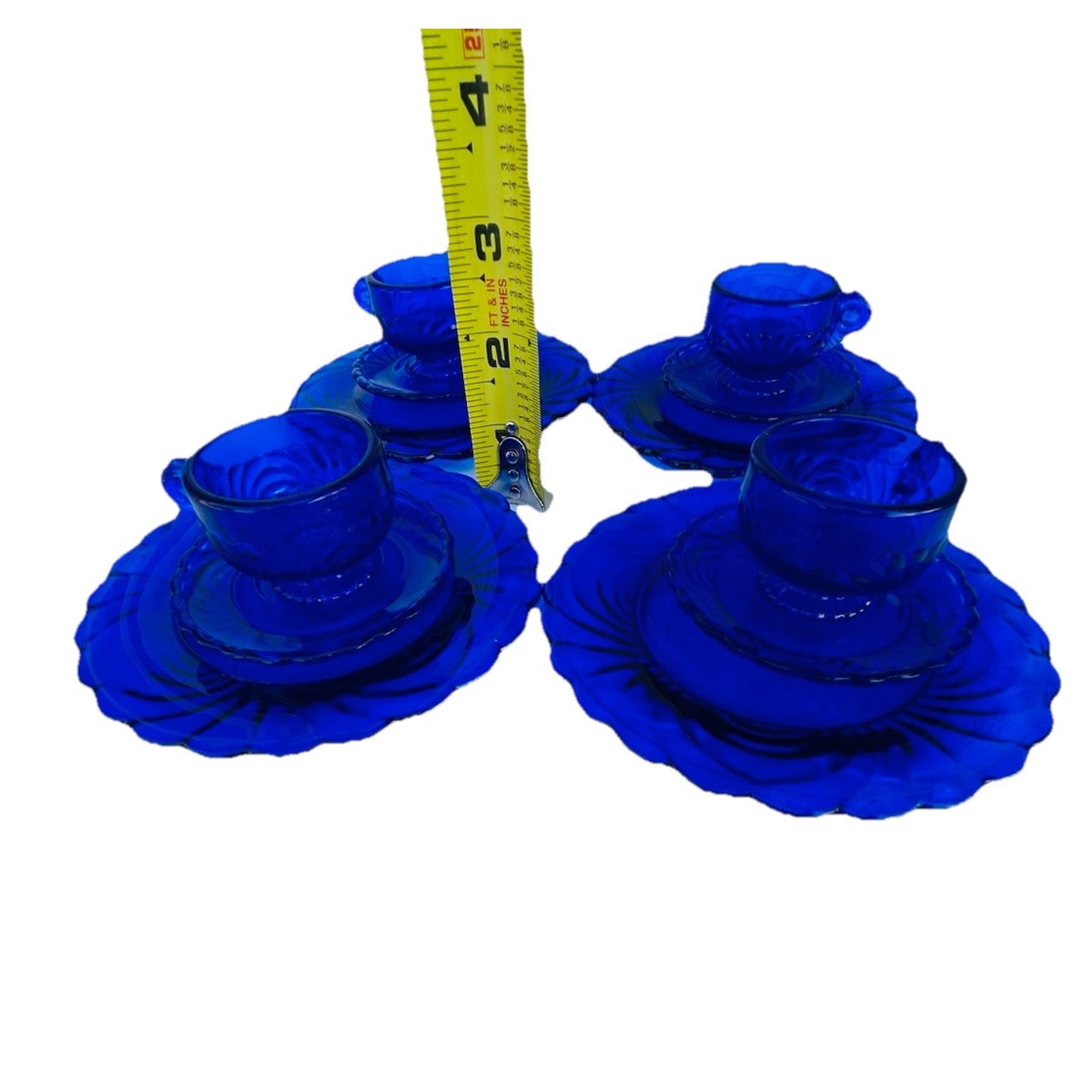 Vintage Doll Size Place Setting Cobalt Blue Glass 4 Plates 4 Teacups 4 Saucers
