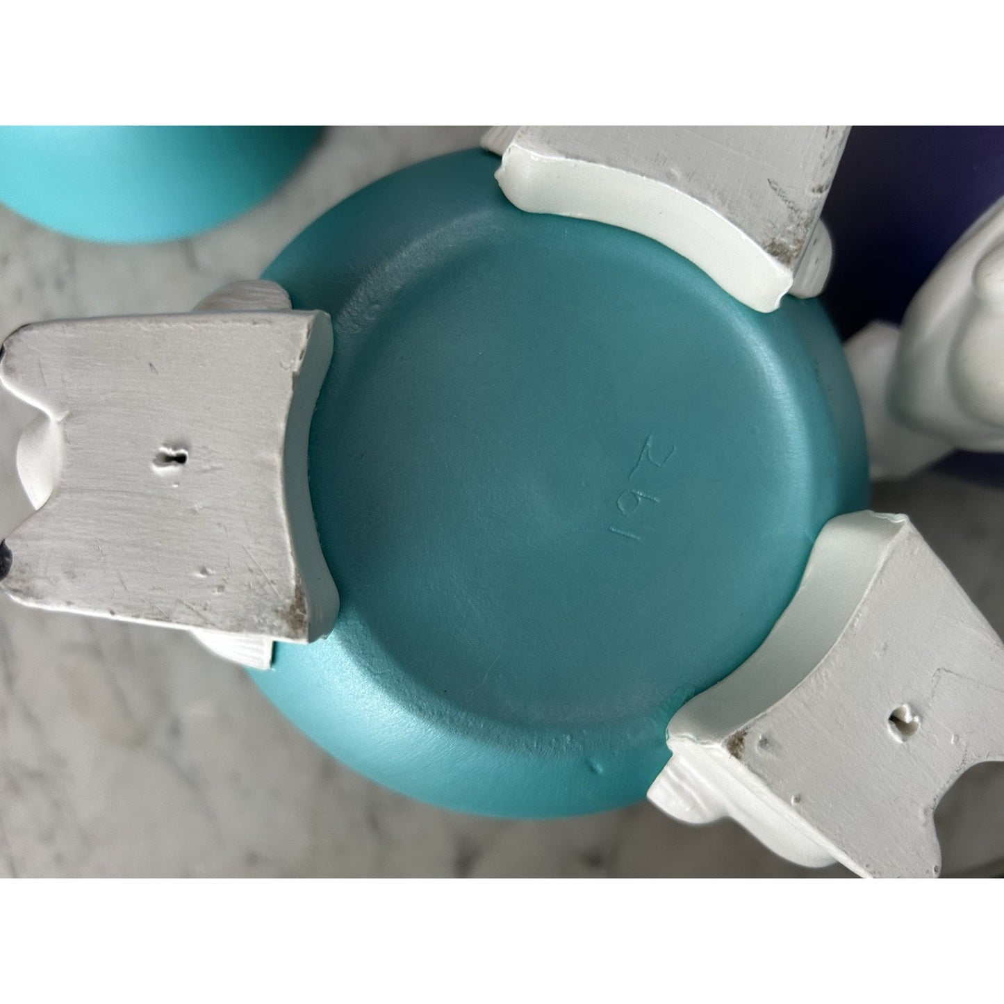 (2) 1960s Ceramic Easter Egg Candy Jar Hand Painted Bunnies Rabbits Purple Teal