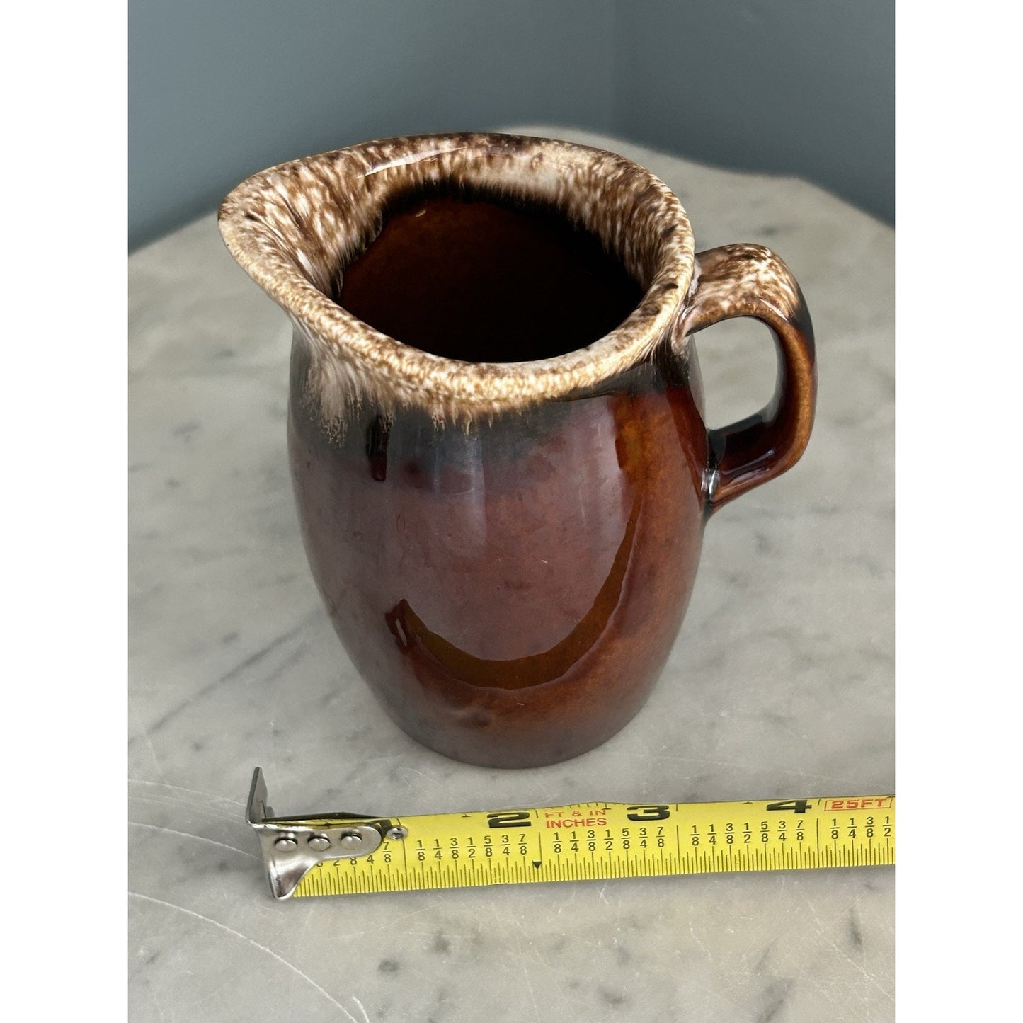 Vintage Hull Pottery Brown Drip Glazed Creamer USA Oven Proof 4.5” Tall Vase