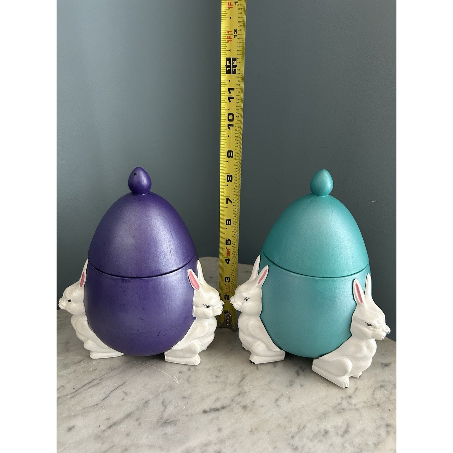 (2) 1960s Ceramic Easter Egg Candy Jar Hand Painted Bunnies Rabbits Purple Teal
