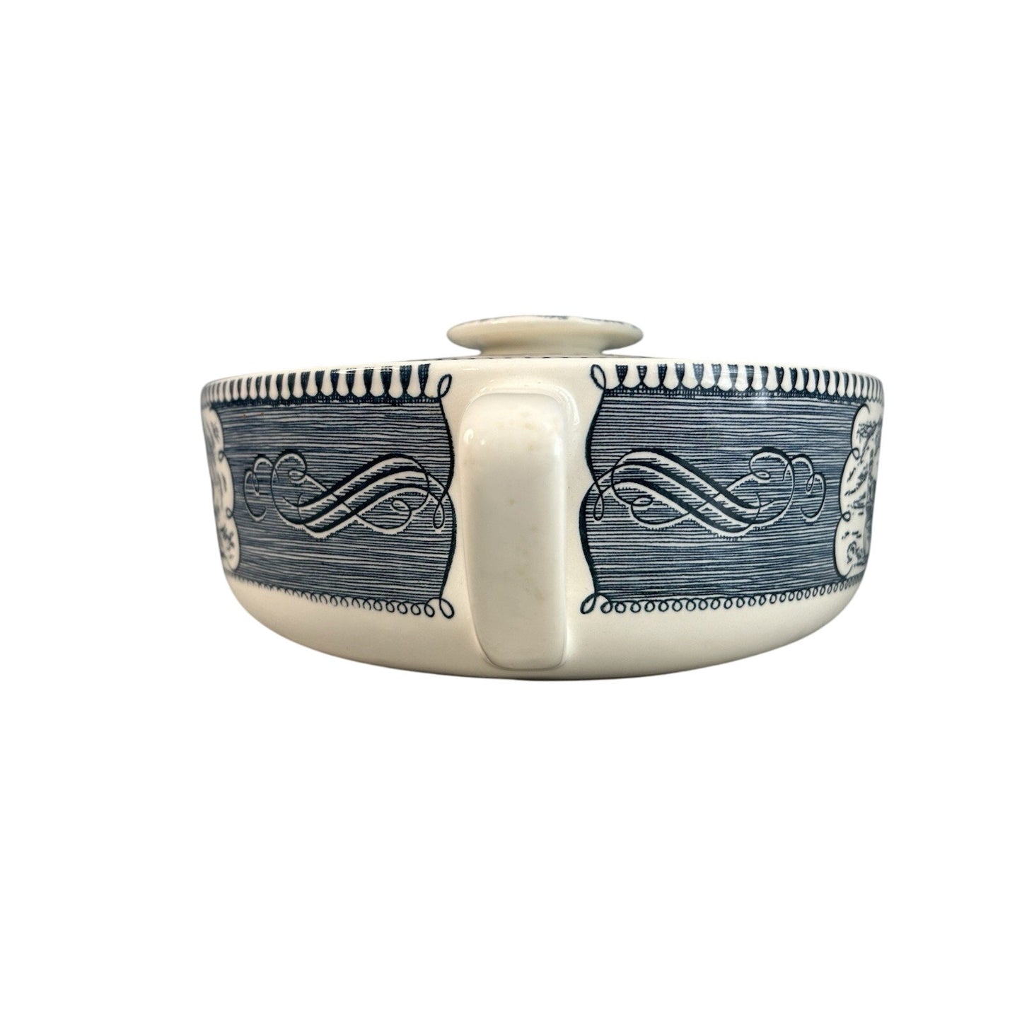 Royal Currier & Ives Blue White Ironstone Covered Casserole Dish Handles Vintage