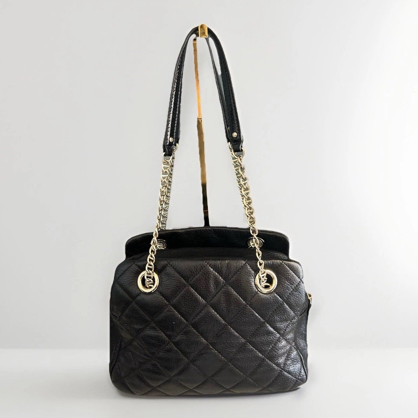 Kate Spade Black Metallic Quilted Leather Shimmer Bag Gold Chain EUC