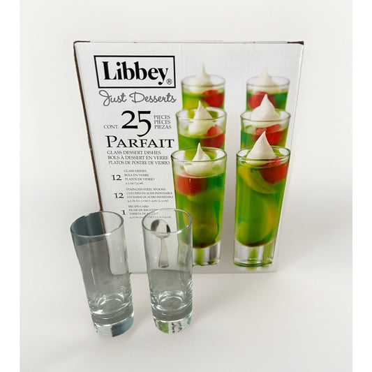 New Libbey Just Desserts Parfait Glass Dishes Spoons 25 Pieces Recipe Card NIB