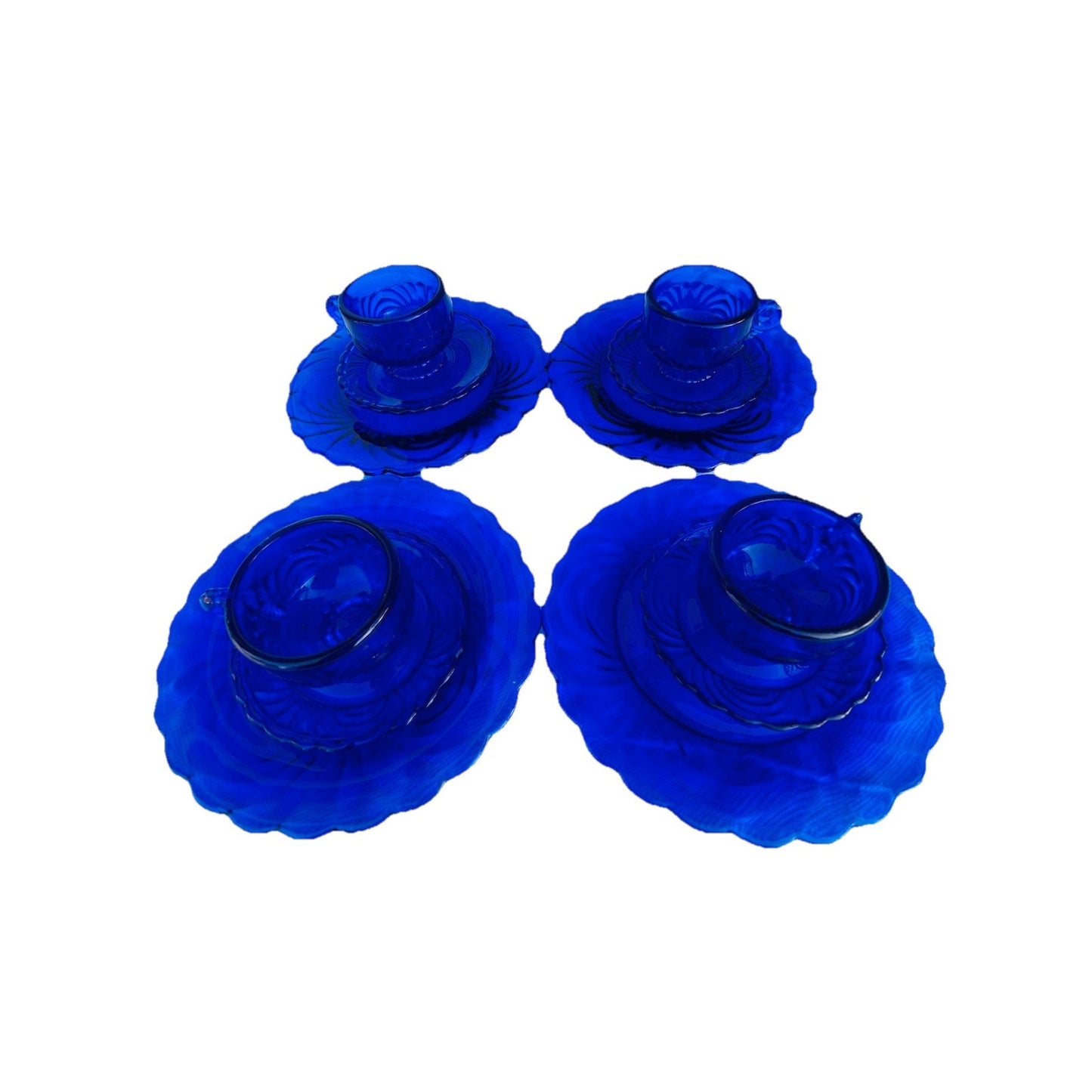 Vintage Doll Size Place Setting Cobalt Blue Glass 4 Plates 4 Teacups 4 Saucers