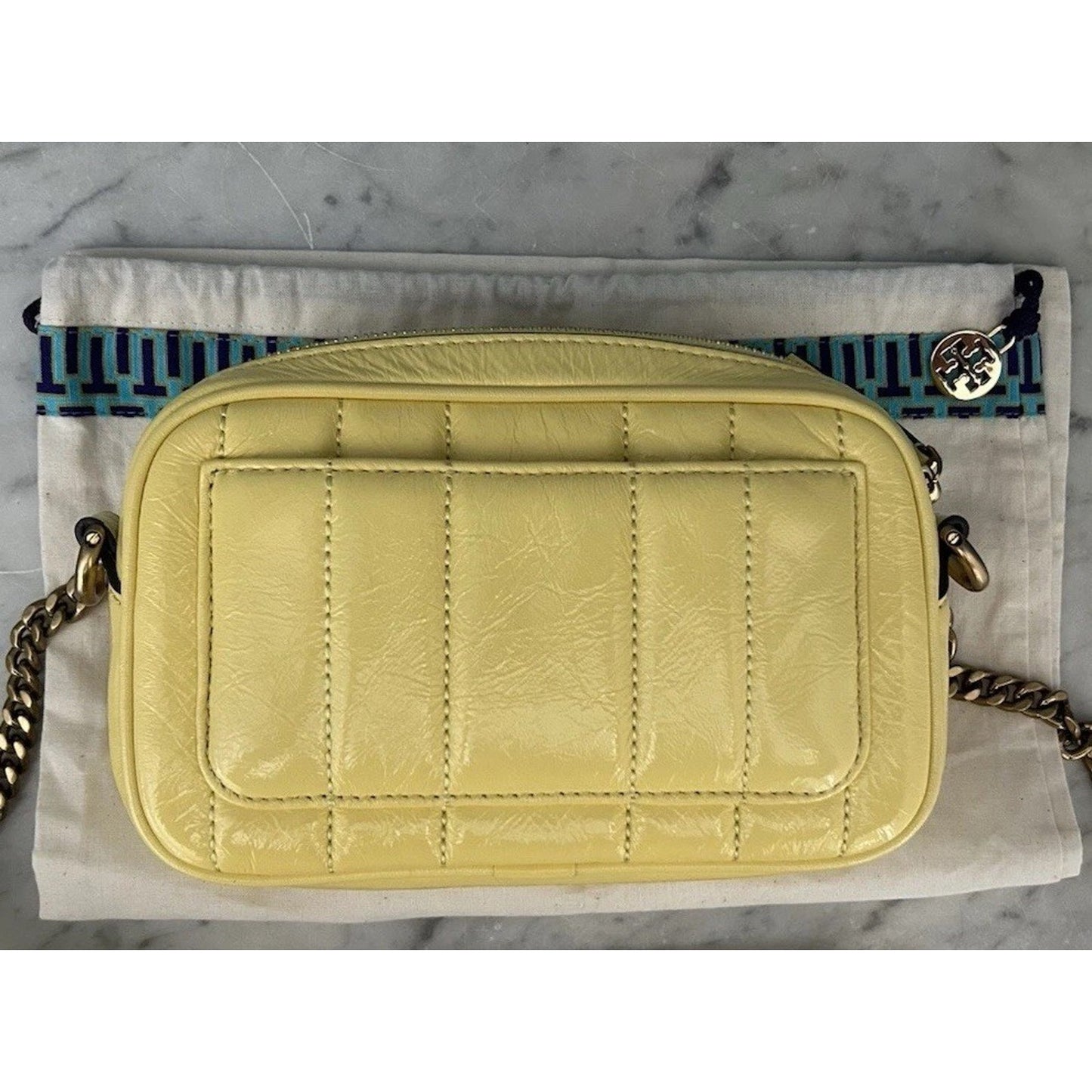 NWT Tory Burch Kira Patent Camera Bag Lemon Yellow 142808 Puffy Crossbody Mini