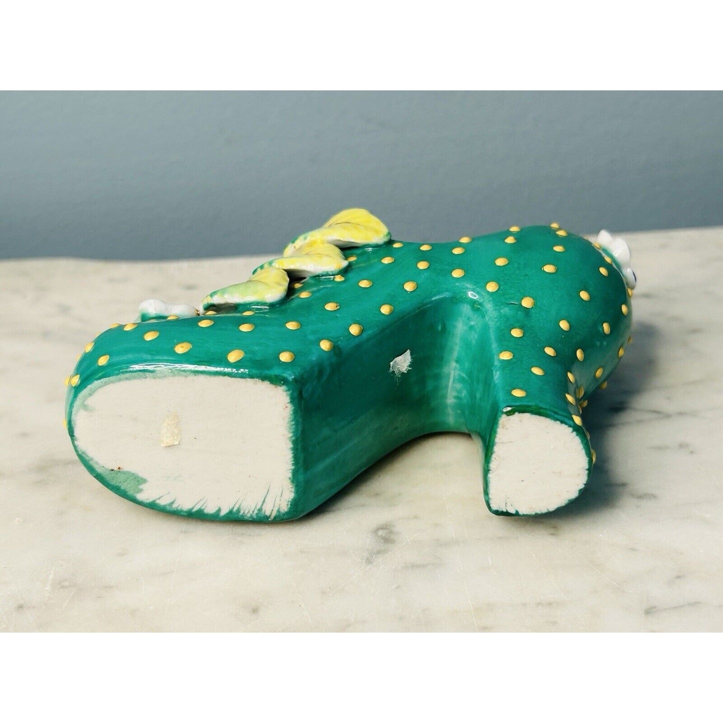 Vintage Hand Painted Shoe High Heel Polka Dots 3D Flowers Leaf Green 4" Japan