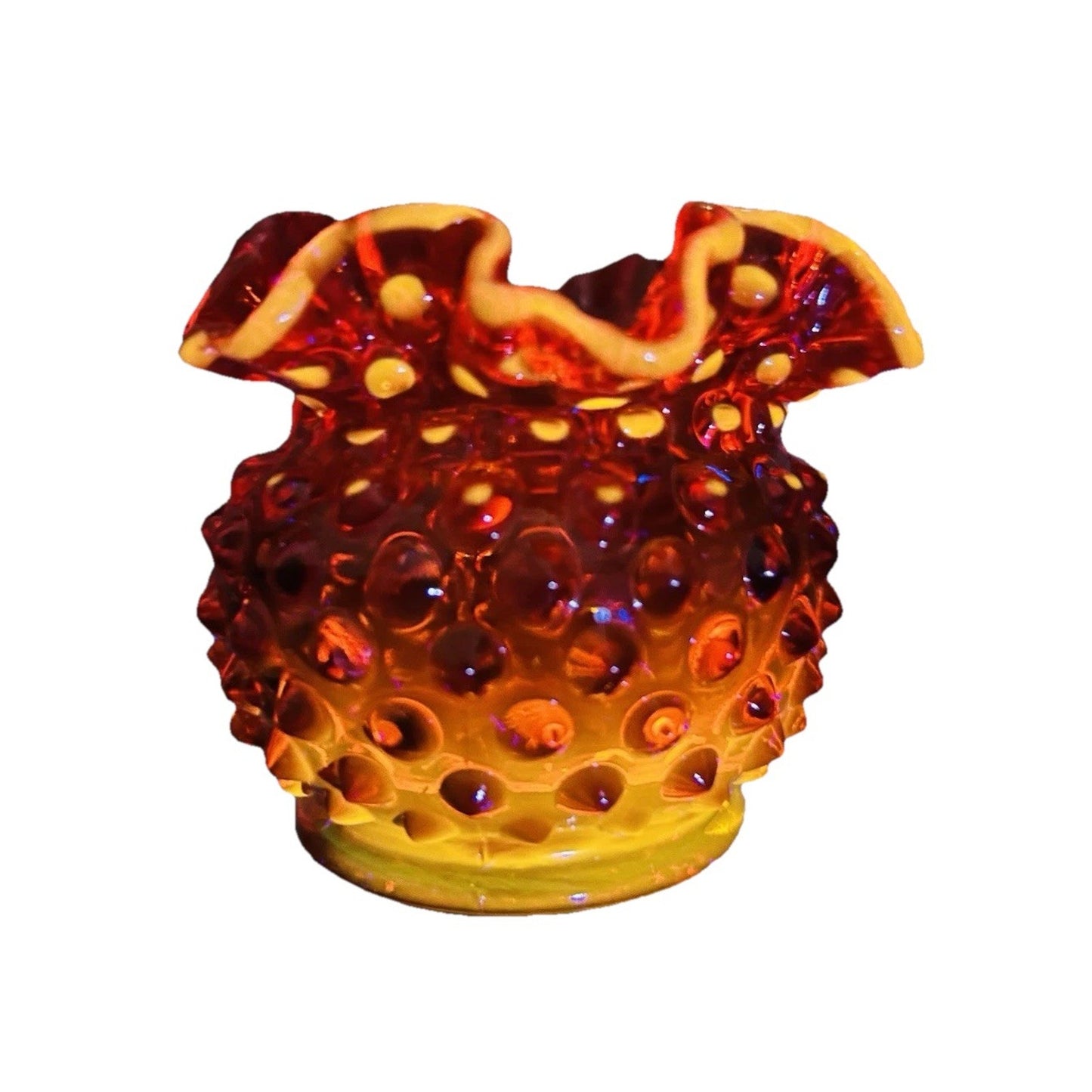 Fenton Amberina Hobnail Glows Small Rose Bowl Ruffle Crimped Orange Glass Vase