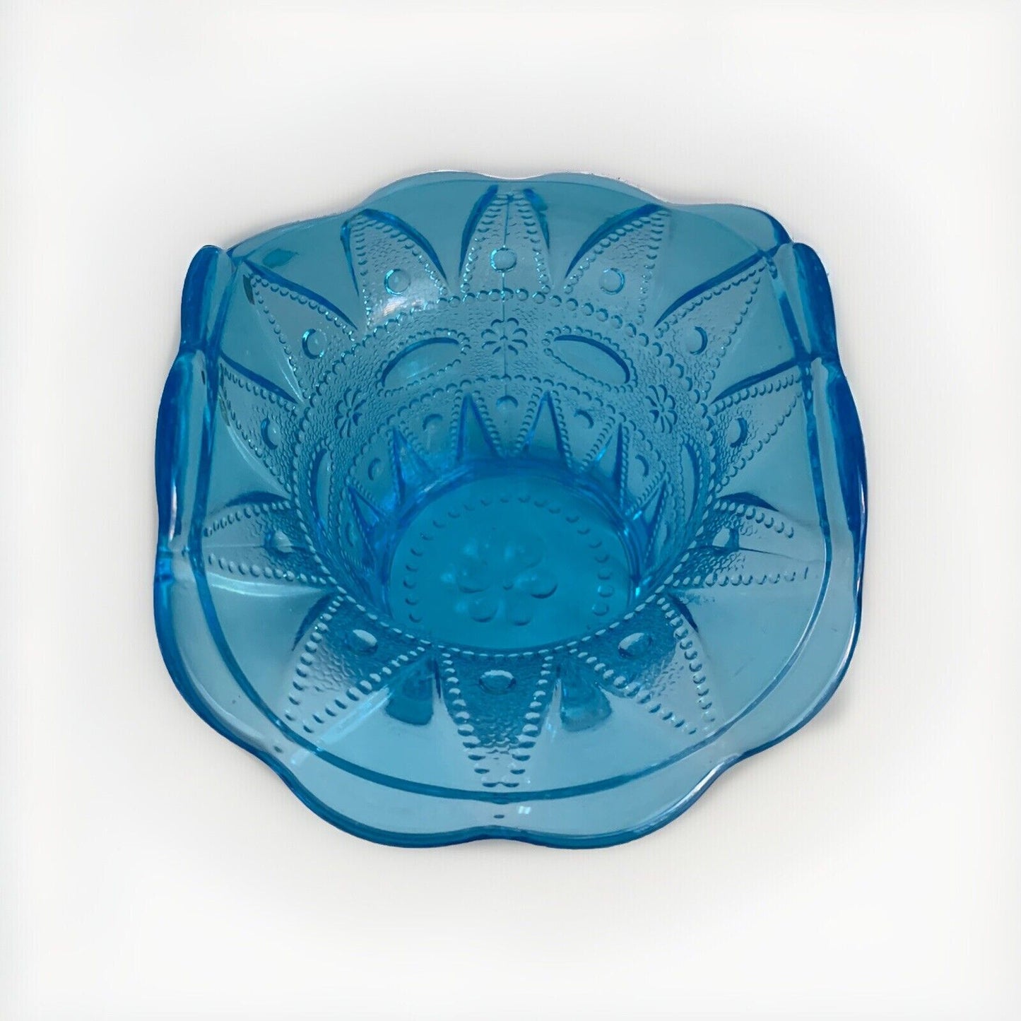 Vintage Kemple Blue Glass Basket Hat Vase Lace Dew Drop Pattern Lace N Dewdrop