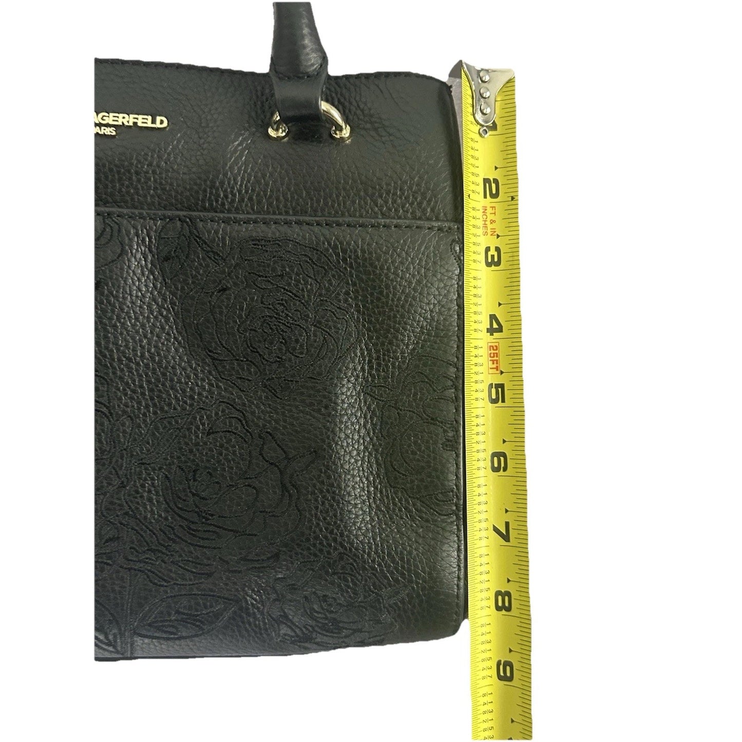 Karl Lagerfeld Black Leather Floral Stitched Bag Embroidered Flower Handbag Paris