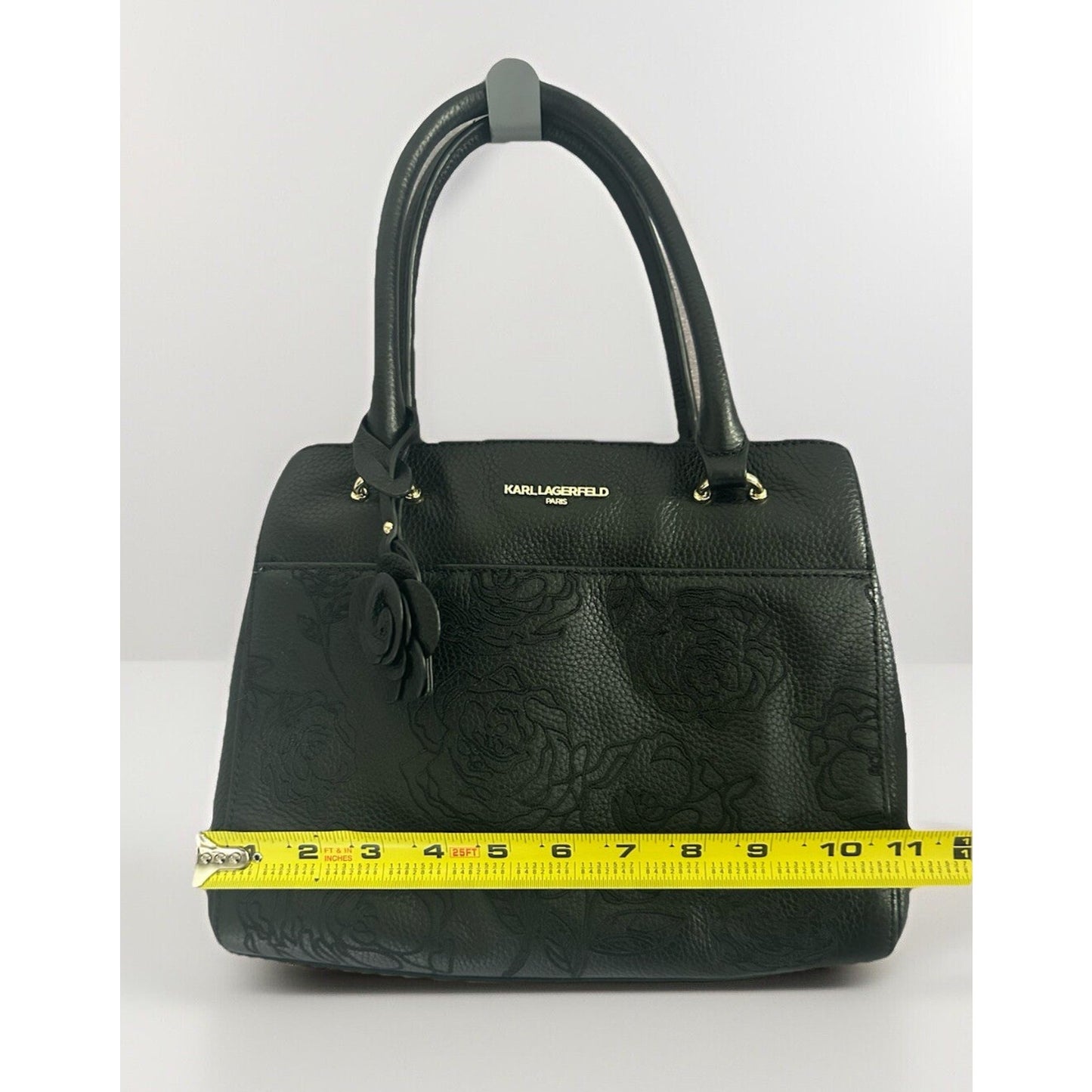 Karl Lagerfeld Black Leather Floral Stitched Bag Embroidered Flower Handbag Paris