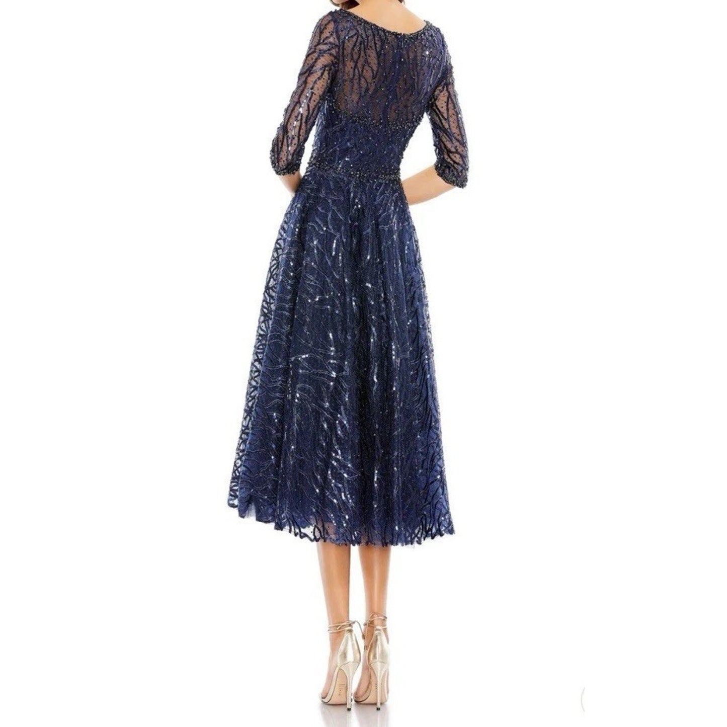 MAC DUGGAL Size 20 Navy Embellished High Neck Sleeve Cocktail Dress Plus A20252